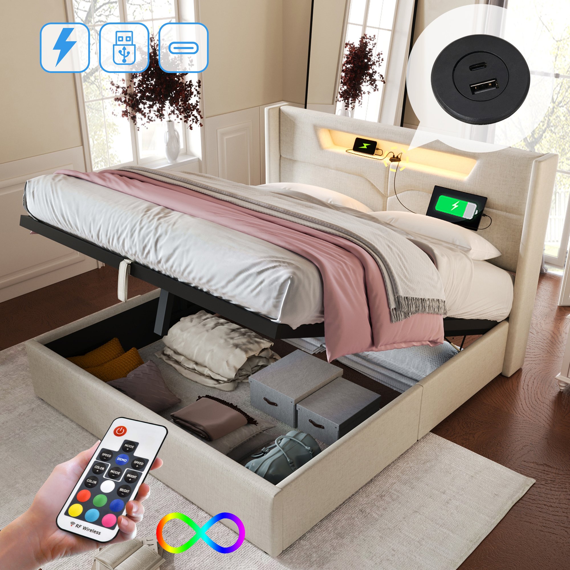 Lit coffre 140x200 avec LED et USB, lit double rembourré beige tissu lin avec sommier à lattes