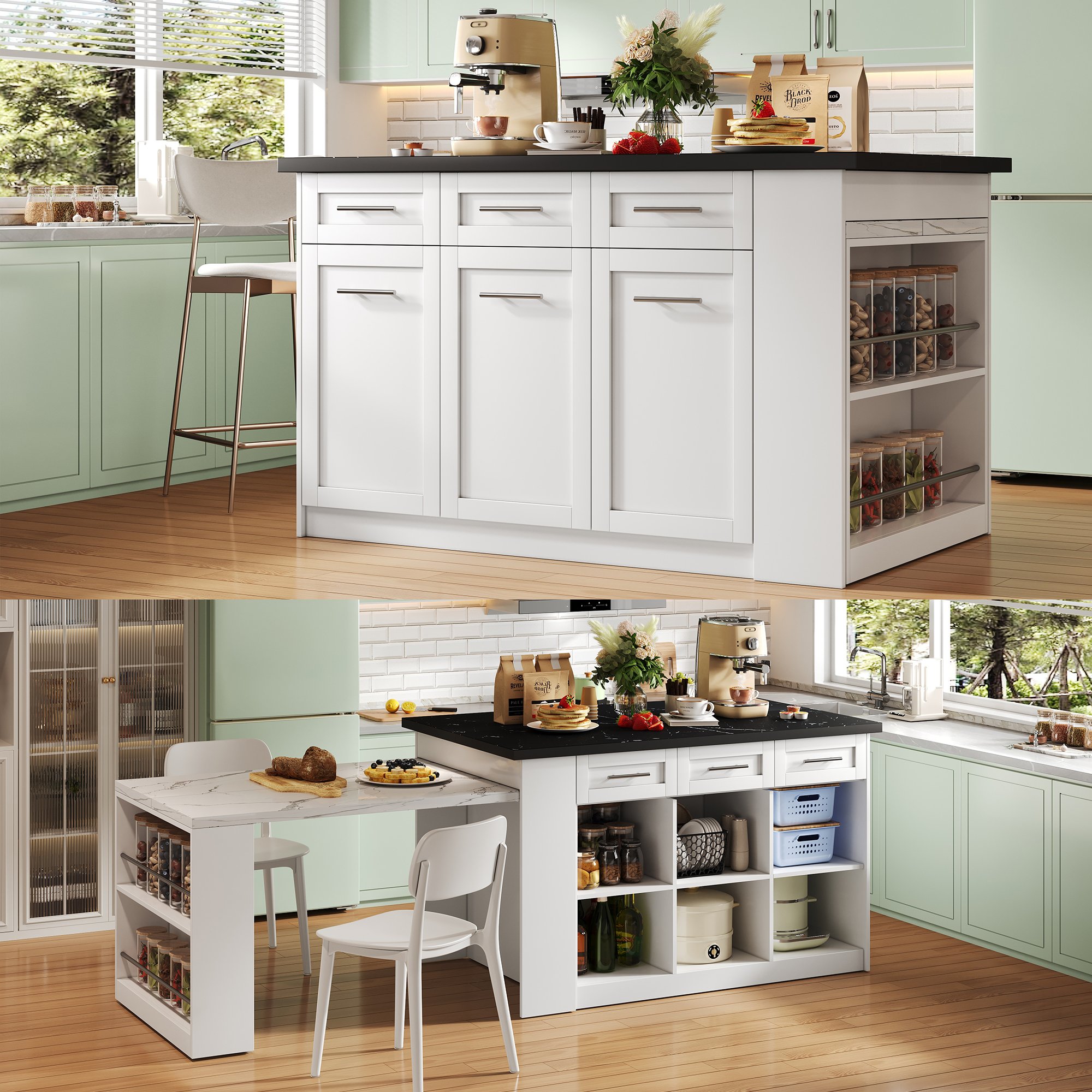 Îlot de cuisine avec table escamotable et rangements intégrés, blanc, plan de travail marbre, 150x90x90 cm, 2 personnes