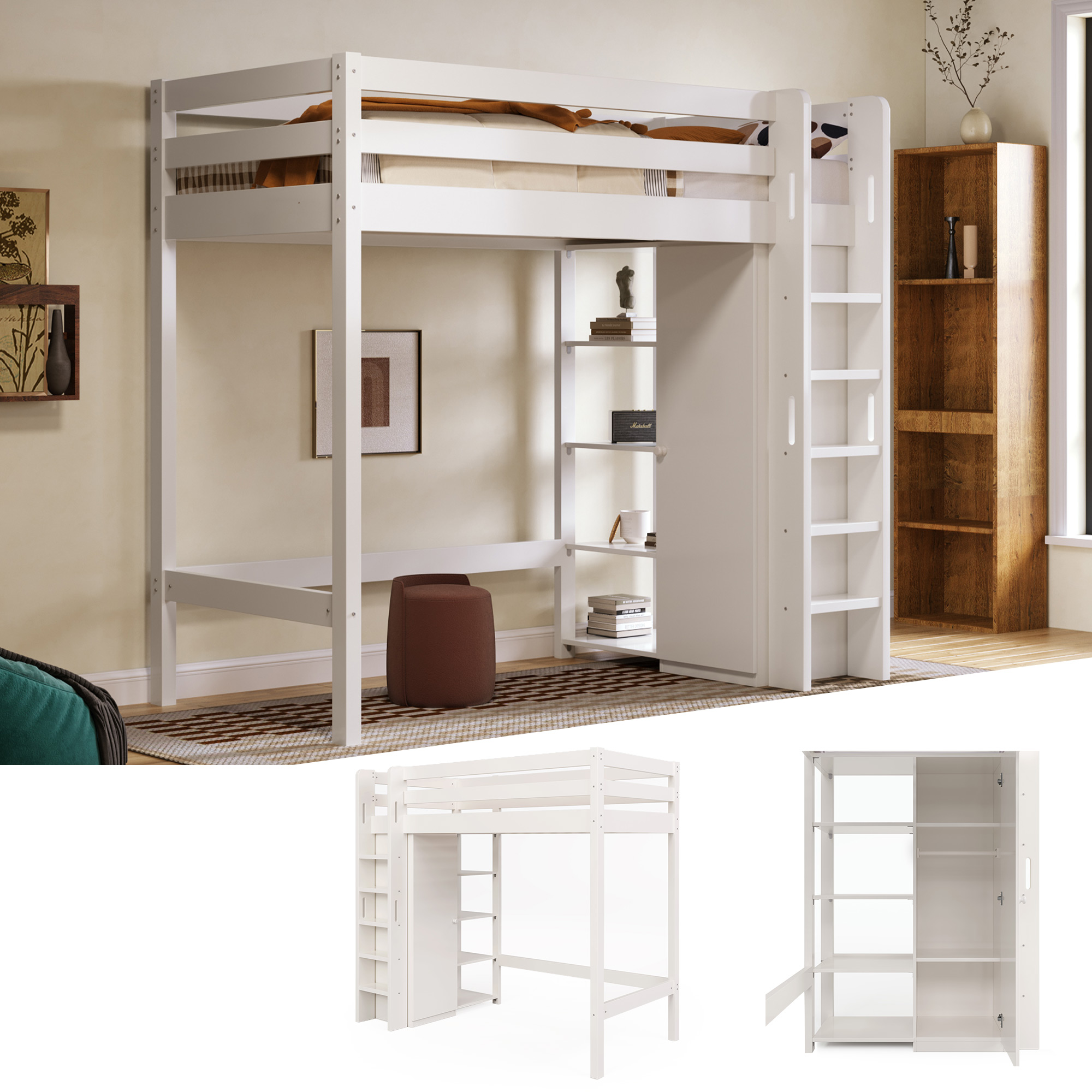 Lit mezzanine enfant en panneaux de particules E1 et bois massif, structure robuste blanche avec dressing et étagères ajustables
