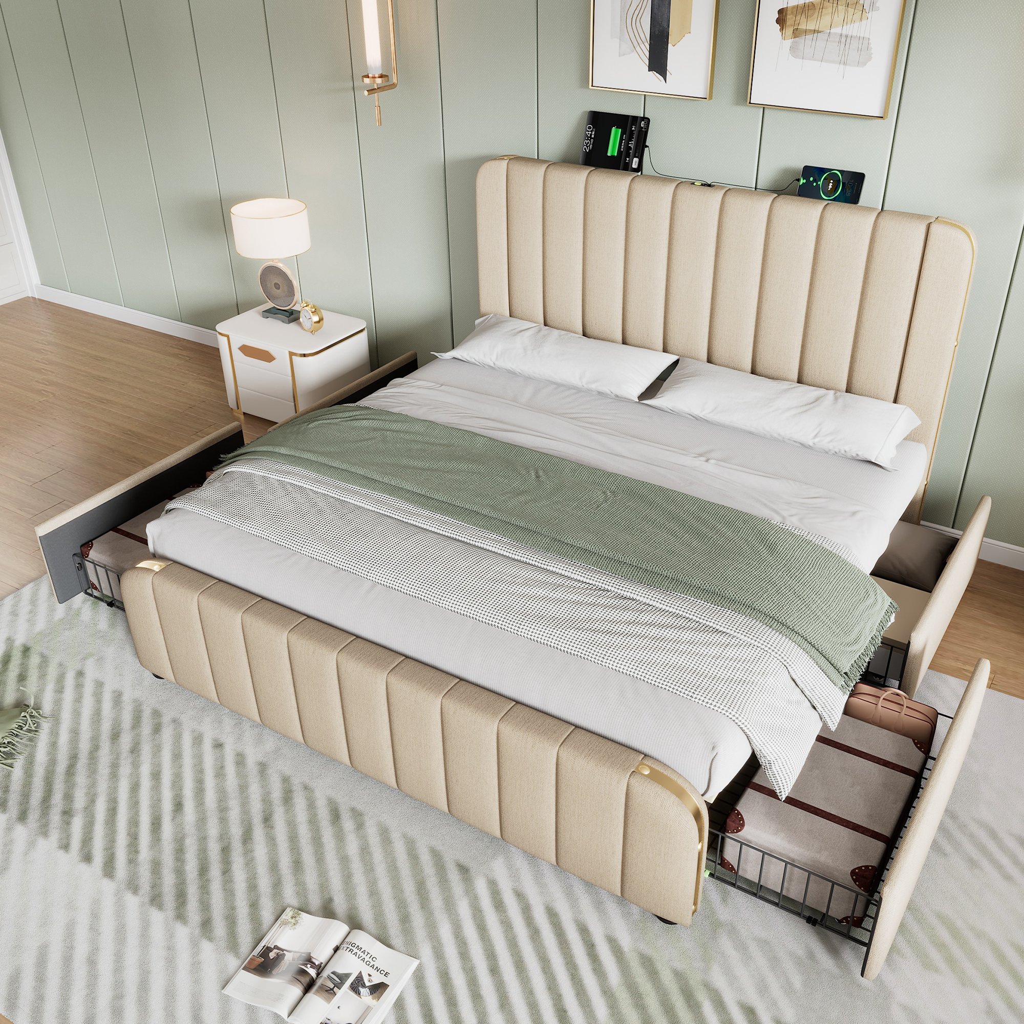 lit coffre 140x200 revêtu de lin beige avec cadre métallique robuste et tête de lit rembourrée