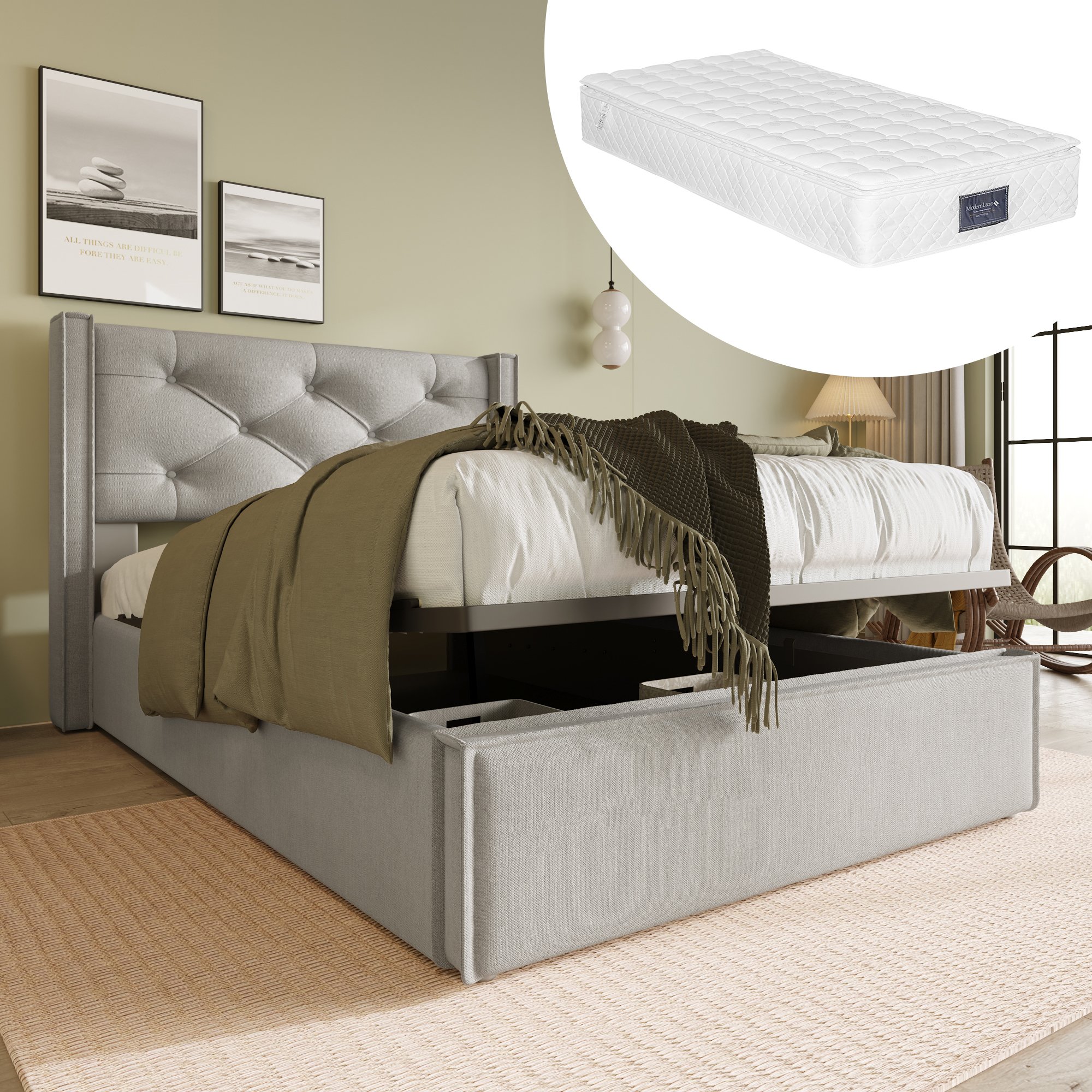 lit coffre 90x200 gris clair rembourré avec matelas et sommier à lattes, rangement hydraulique