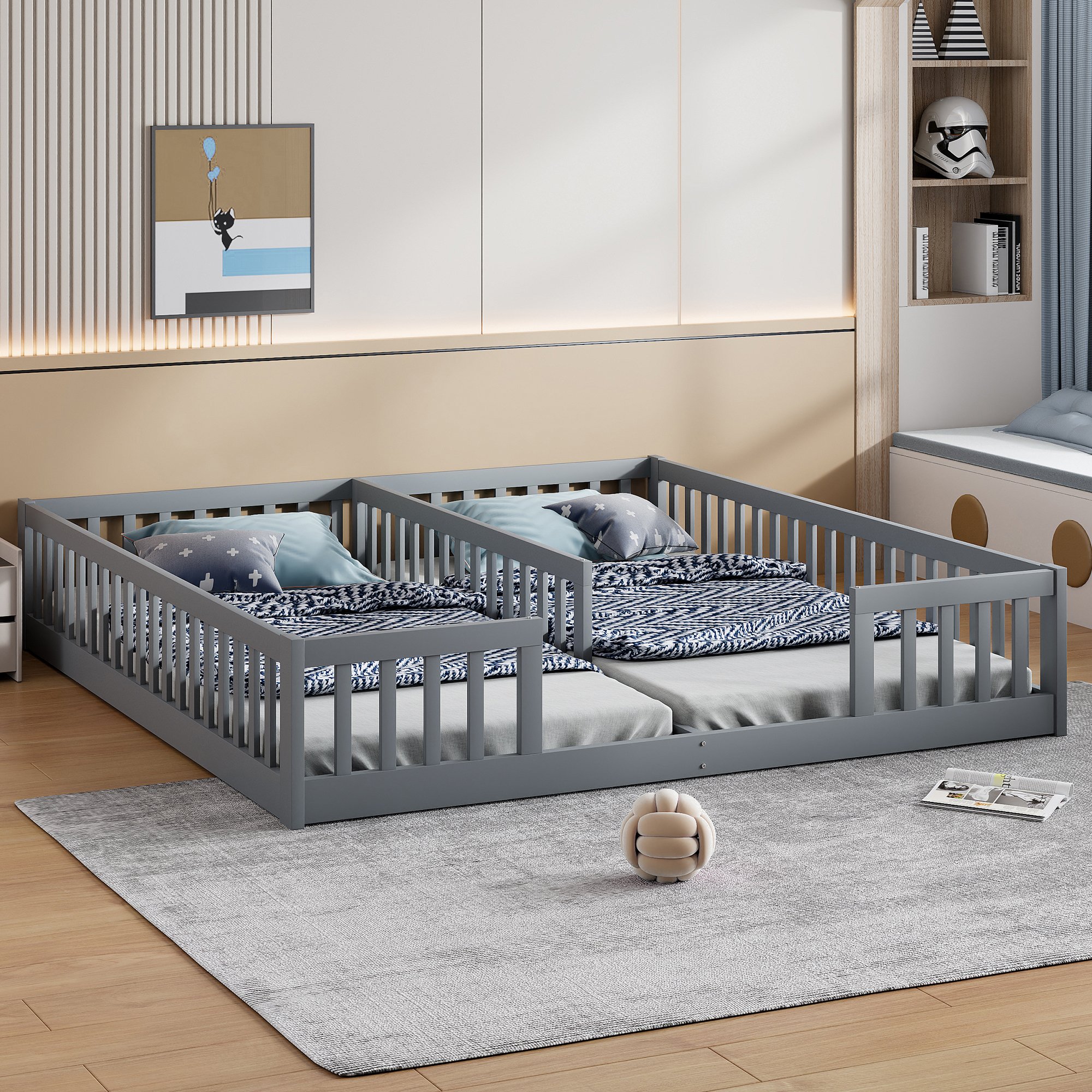 Lit enfant 90x200 avec barrière de sécurité, en pin massif et Panneau composite de fibres de bois à densité, sans matelas, pour chambre d'enfant
