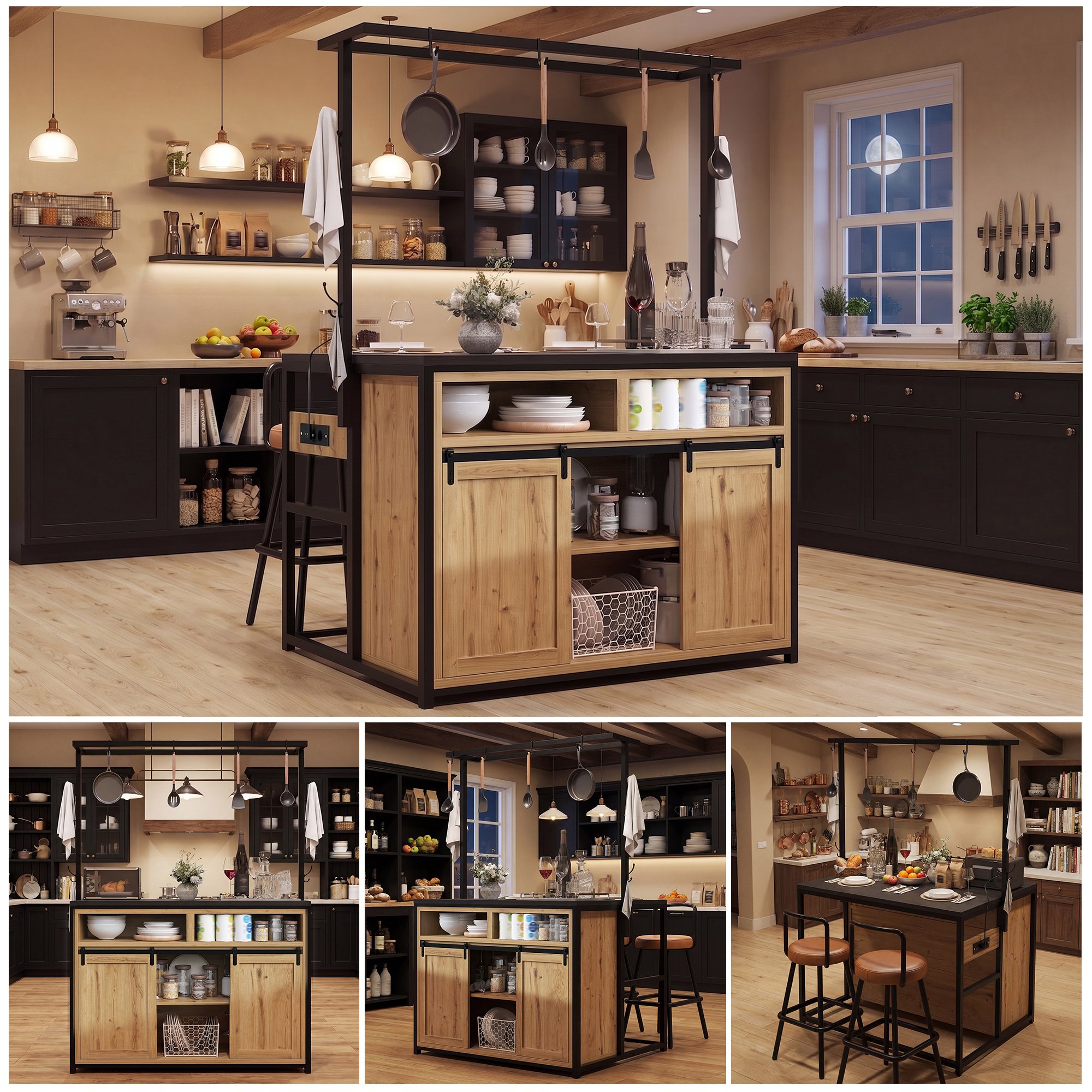 Îlot de cuisine avec rangement et prise électrique, 107x62x183 cm, bois et métal, noir, pour cuisine et salle à manger