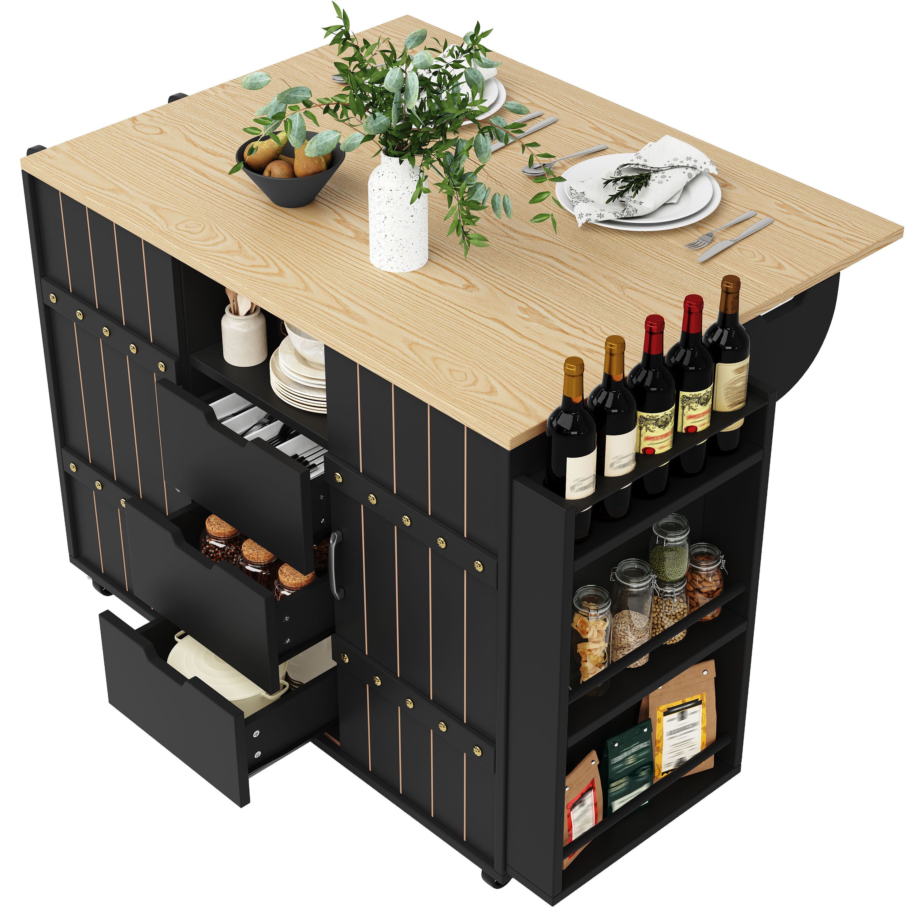 Îlot de cuisine sur roulettes avec plan de travail, rangement et porte-serviettes, noir, 110x42x90 cm