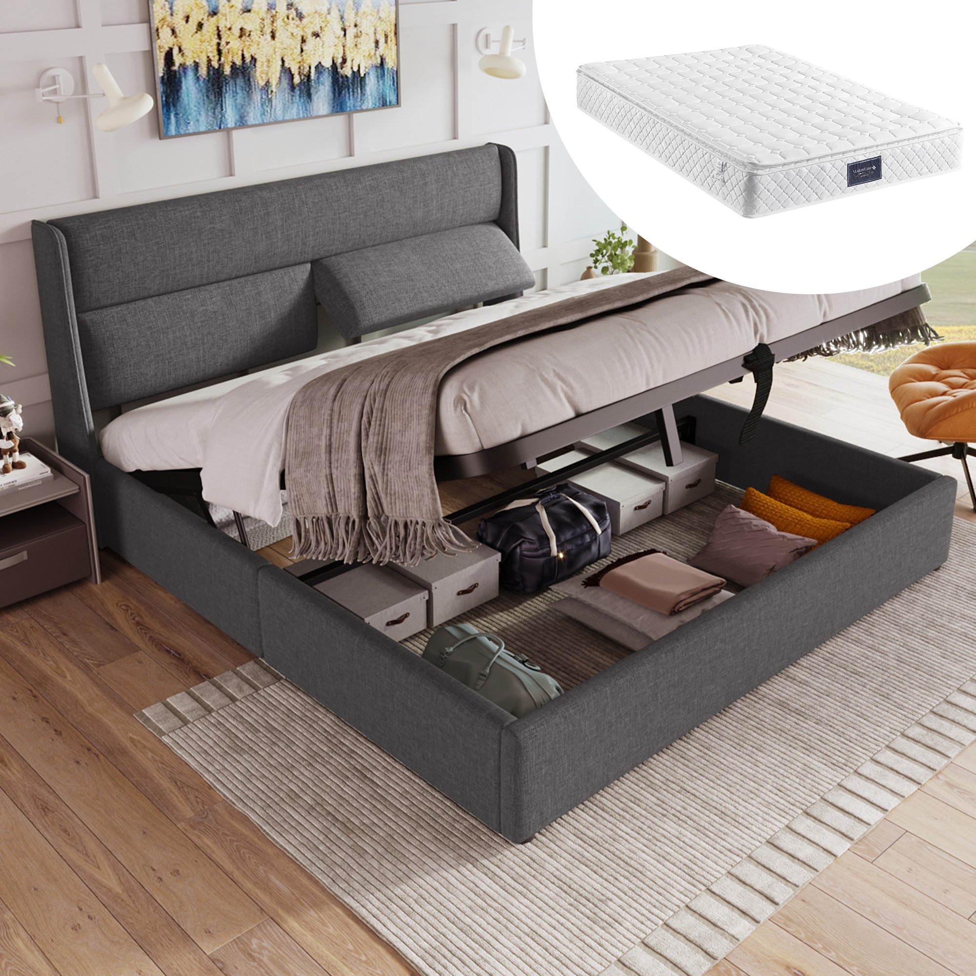 lit coffre 140x200 avec matelas, tête de lit capitonnée ajustable et grand coffre de rangement gris