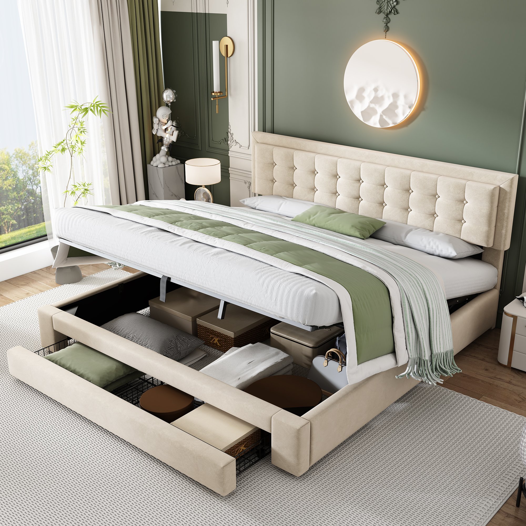 Lit coffre 180x200 cm pour deux personnes, charge max 300 kg, revêtement velours doux, sommier à lattes et rangements multiples