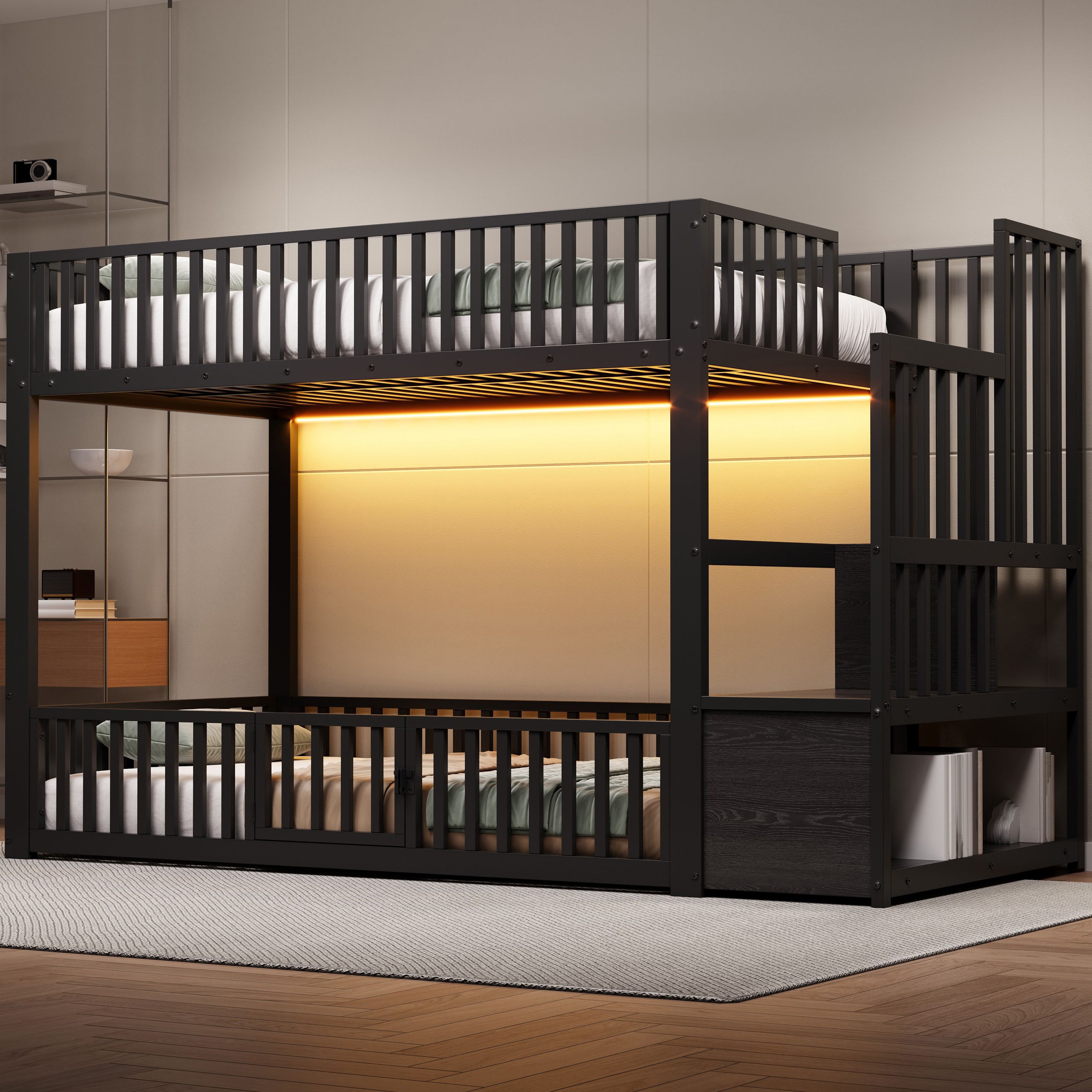 Lit superposé 90x200 avec échelle de rangement et LED, noir, en métal et Panneau composite de fibres de bois à densité