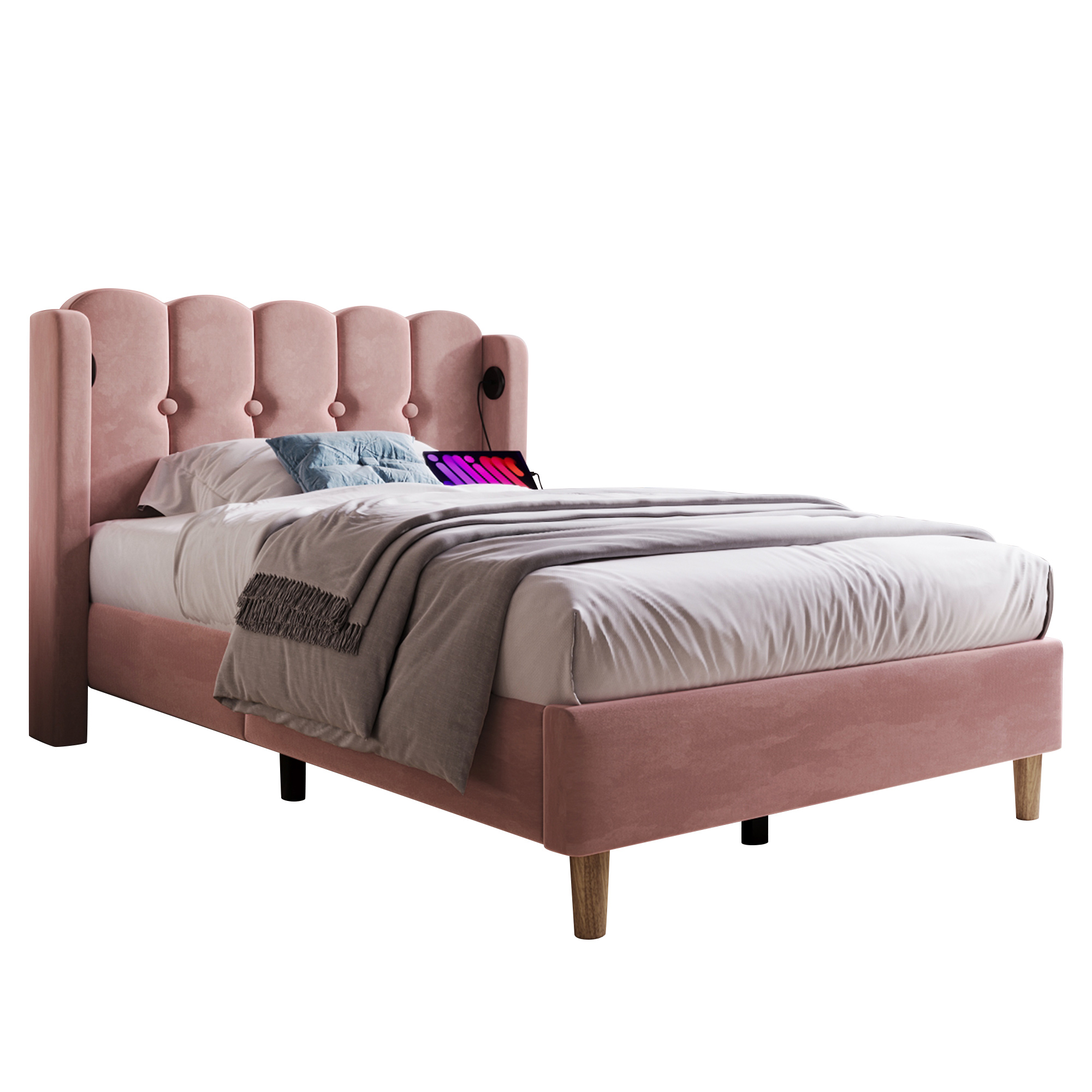 Lit simple rose velours avec USB Type-C et sommier à lattes, cadre de lit rembourré idéal pour chambre ado ou studio