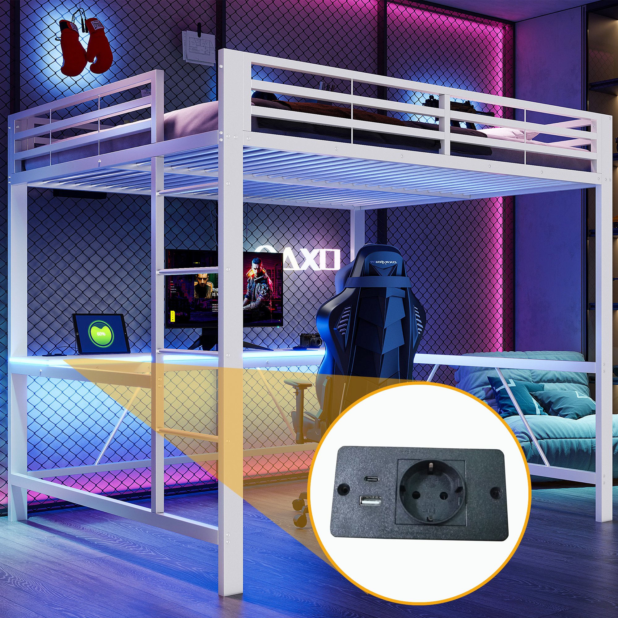 Lit mezzanine avec bureau intégré, LED et USB, 160x200, blanc, métal