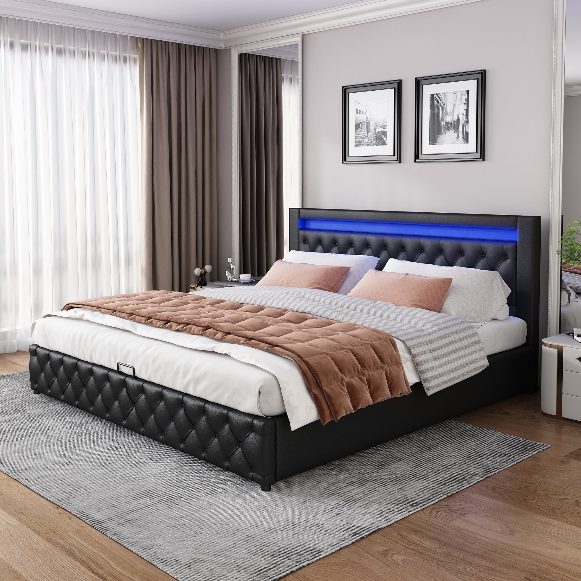 Lit coffre 140x200 cm noir avec LED intégrée dans la tête de lit, grand volume de rangement et montage facile