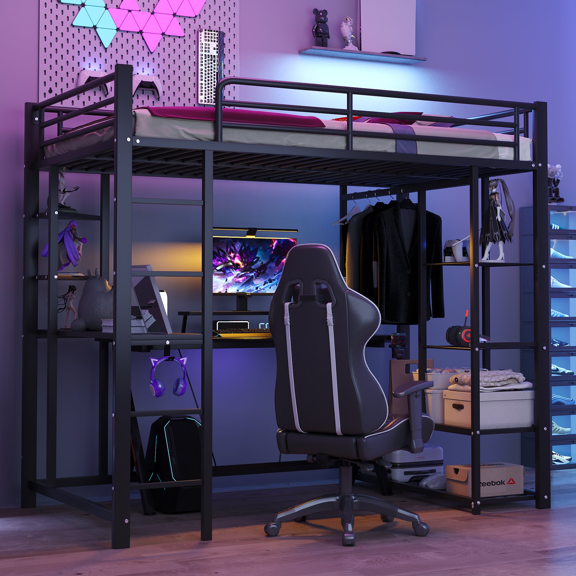 Lit mezzanine 90x200 en métal noir avec bureau, étagère et penderie