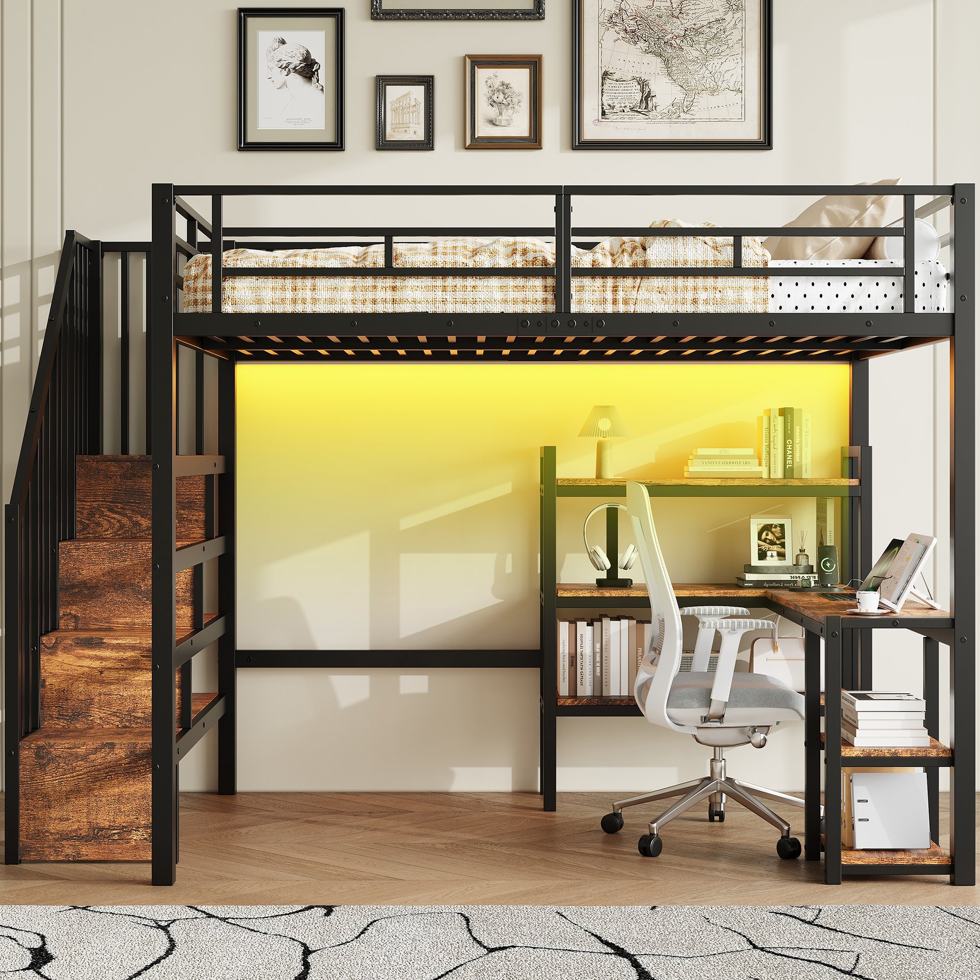 Lit mezzanine 140x200 avec escalier, bureau intégré et rangements, noir