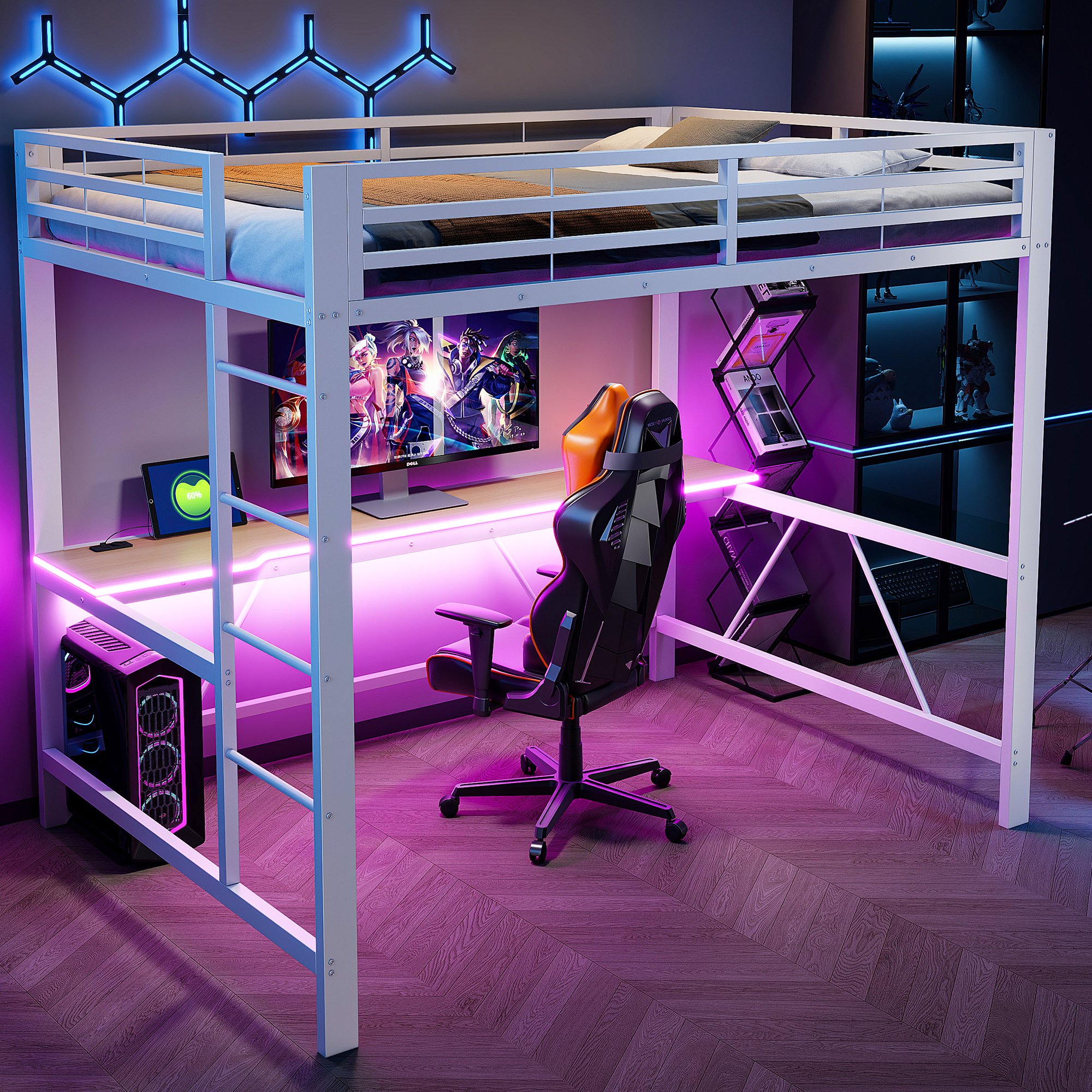 Lit mezzanine 140x200 avec bureau, rangement et LED, structure métallique
