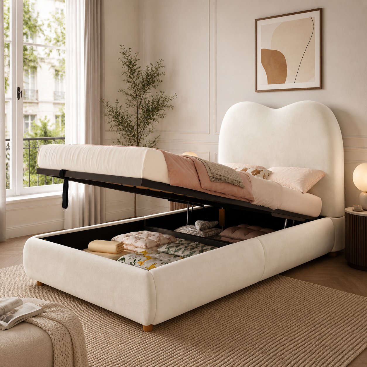 Lit coffre 90x200 beige en velours avec rangement caché, idéal pour chambre d'enfant, sécurité renforcée et confort optimal