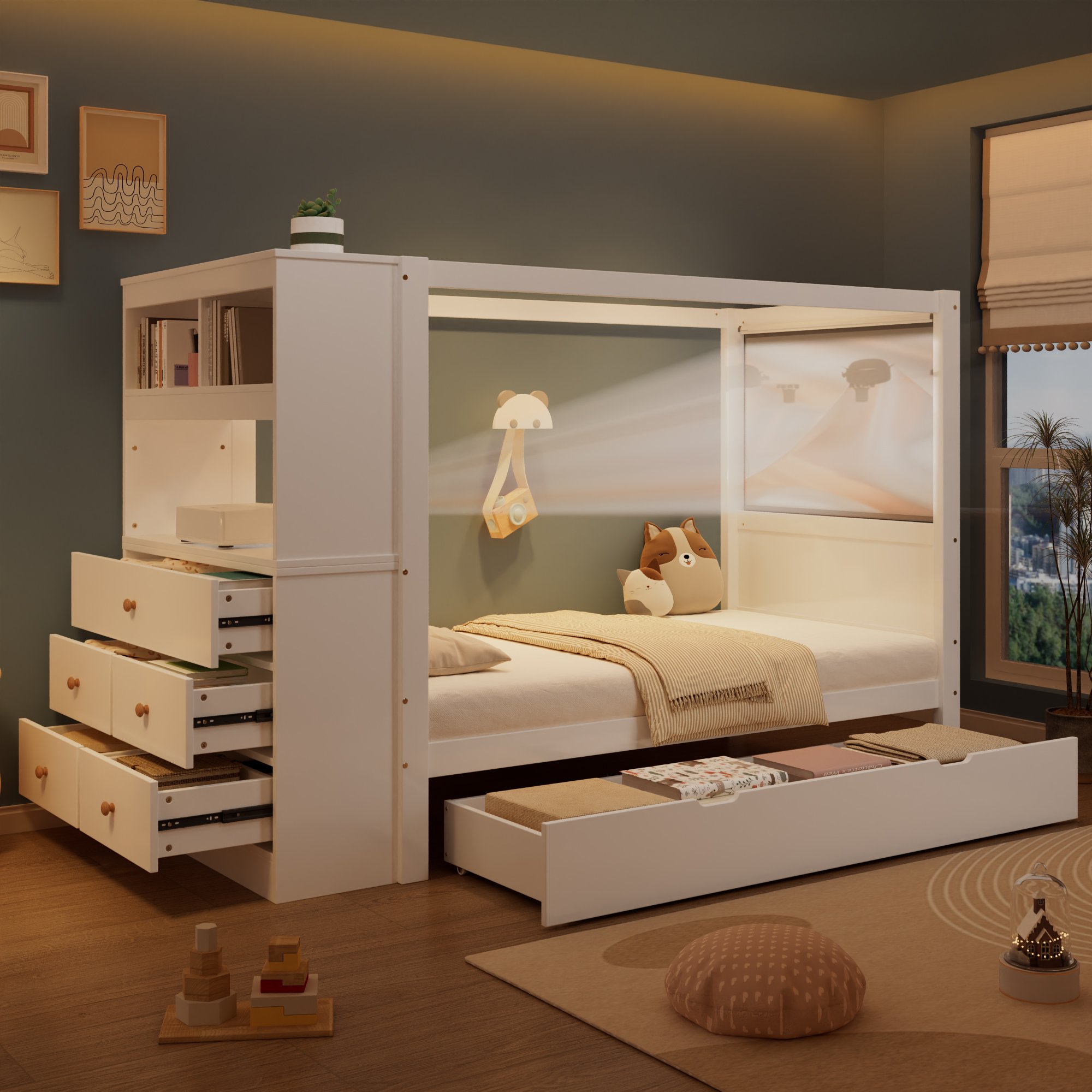 Lit enfant 90x200 avec rangement, barrière de sécurité et armoire à 5 tiroirs, blanc et bois naturel