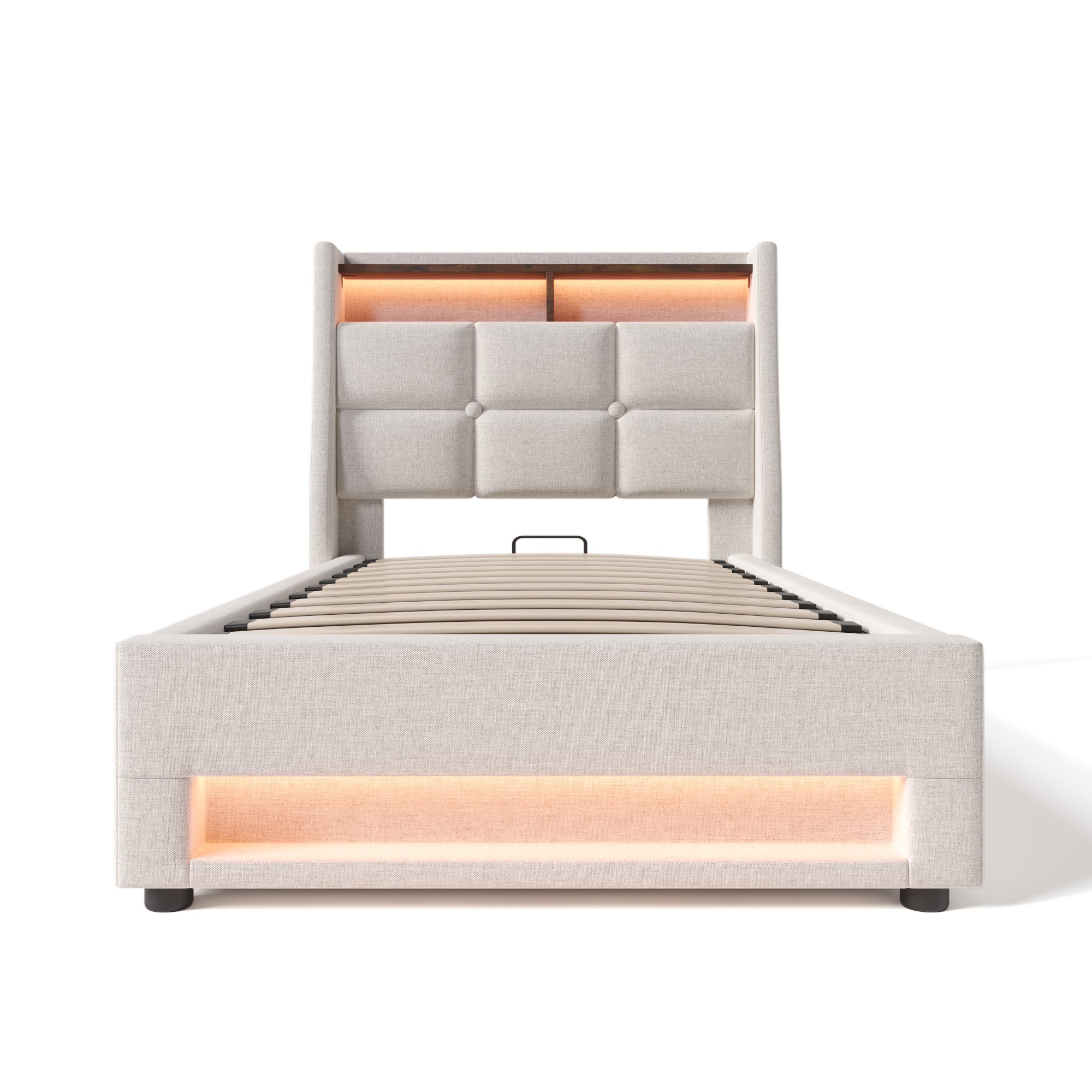 Lit LED 90x200 avec sommier à lattes, cadre de lit rembourré beige en lin avec ports USB et rangement hydraulique