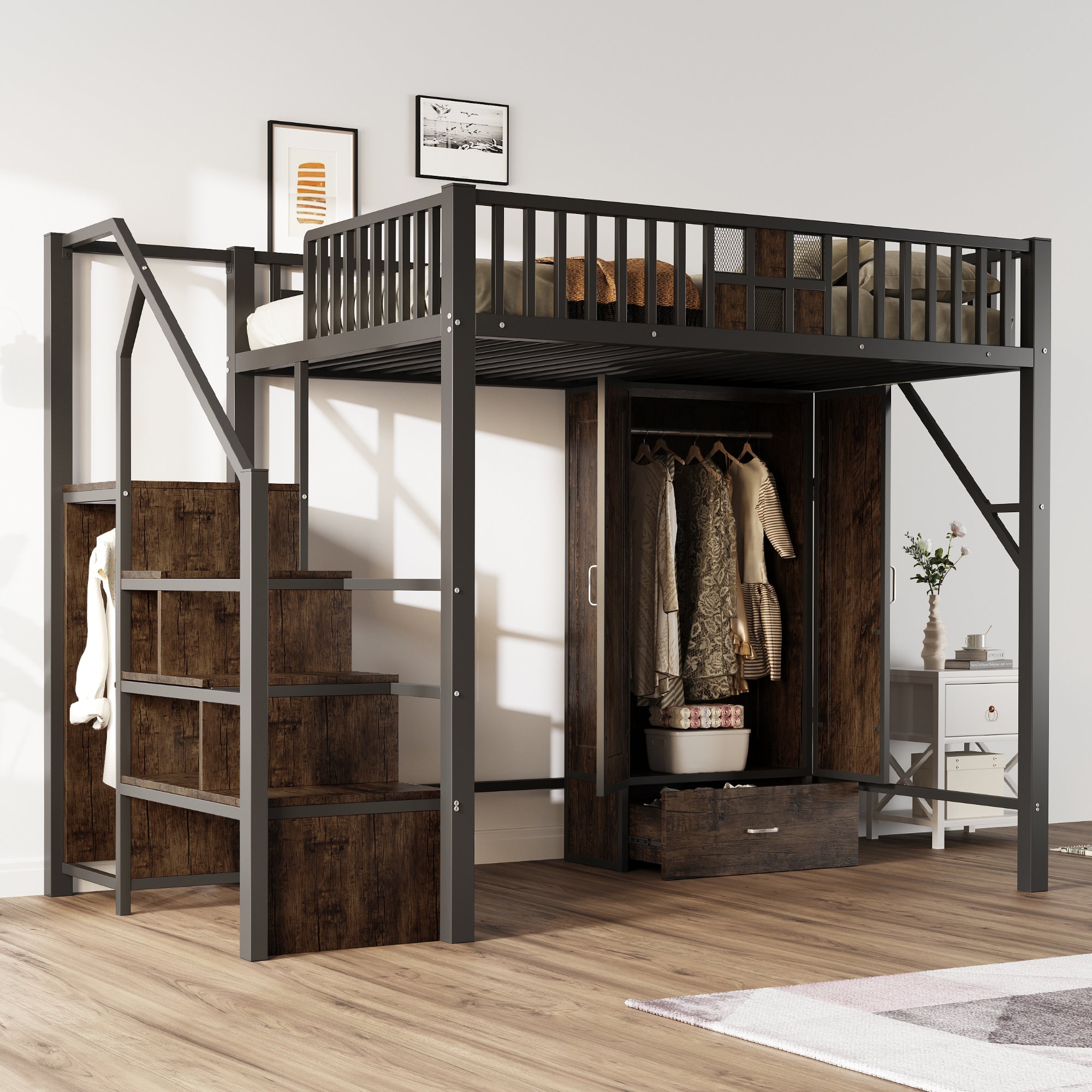 Lit mezzanine 140x200 avec échelle de rangement, armoire et tiroirs, structure en métal et bois