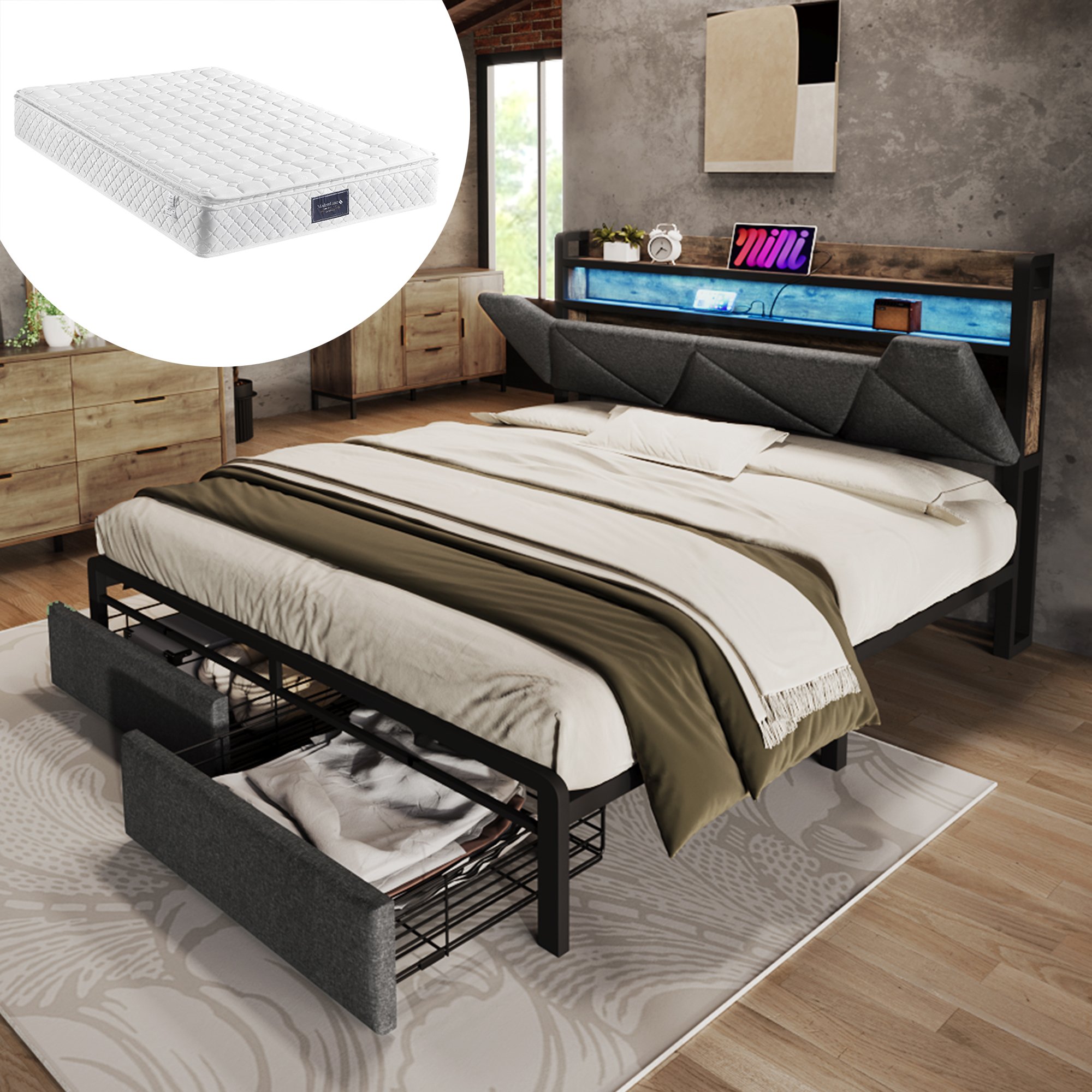 lit coffre 140x200 gris en tissu lin avec rangement, LED, USB Type-C et sommier à lattes