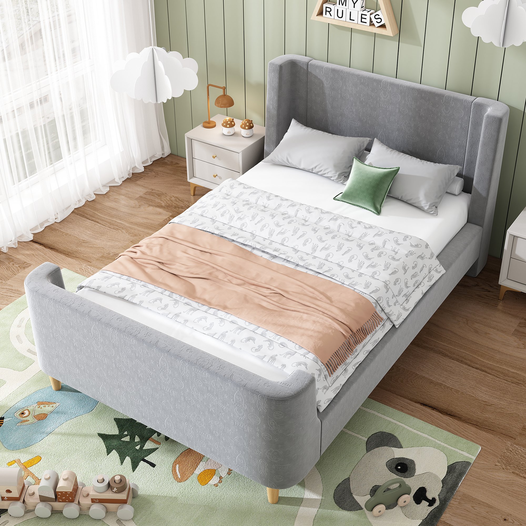 Lit enfant 90x200 cm avec sommier à lattes intégré, design traîneau gris et velours doux pour chambre