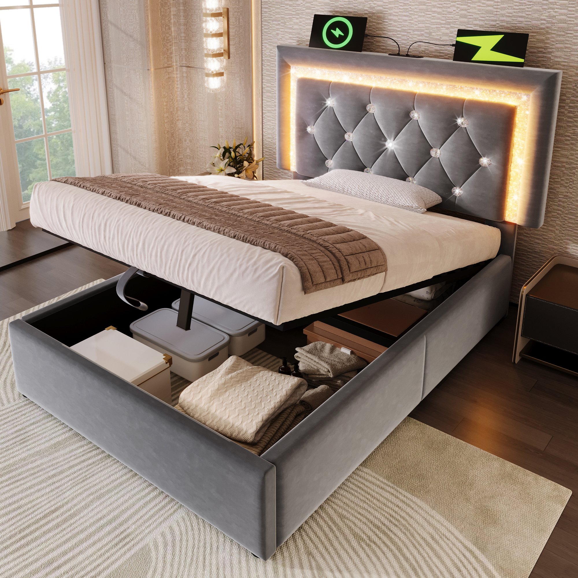 Lit coffre 90x200 avec matelas et LED, lit adolescent velours gris avec ports USB et stockage hydraulique