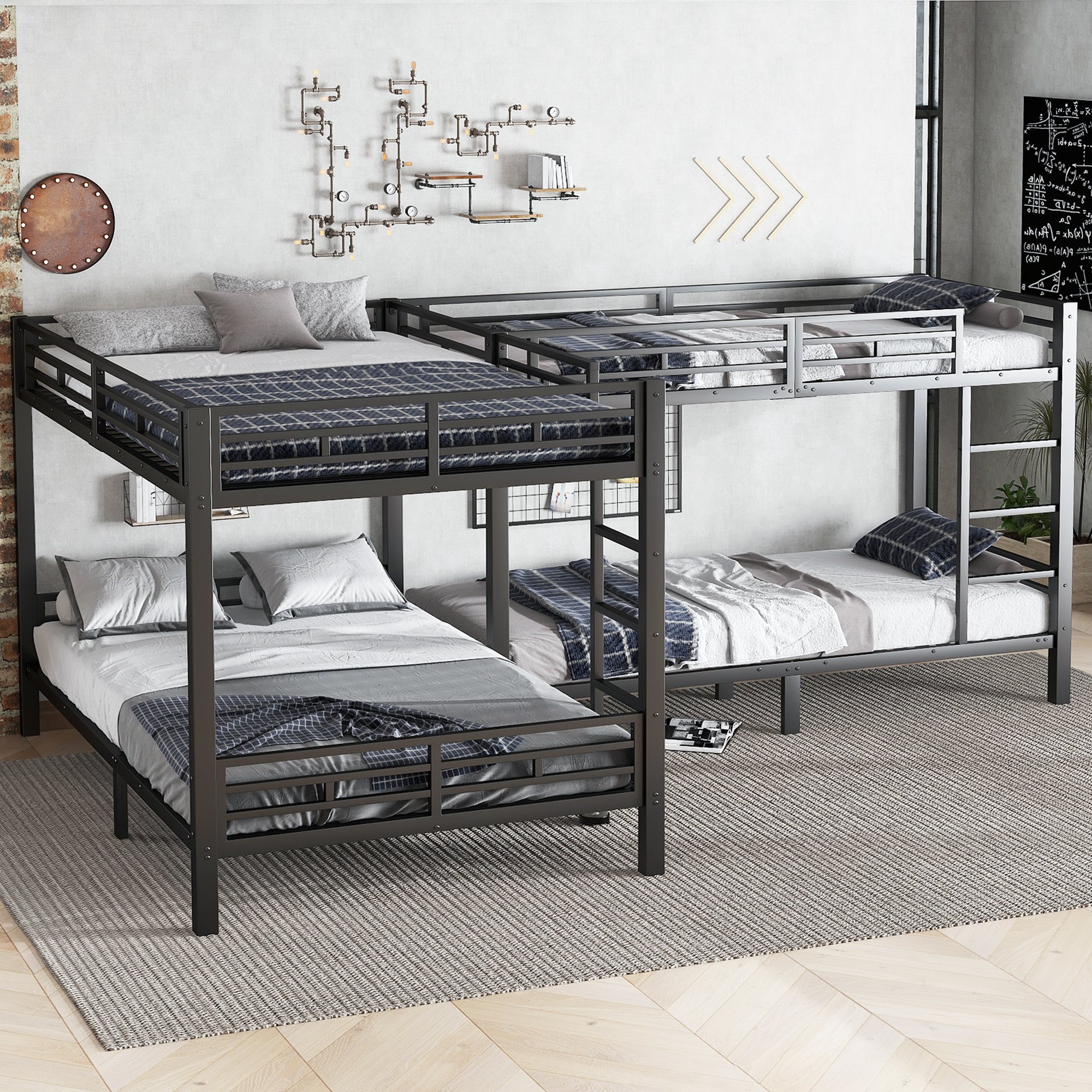 Lit superposé 90x200 et 140x200, 4 couchages, structure en fer noir avec échelle