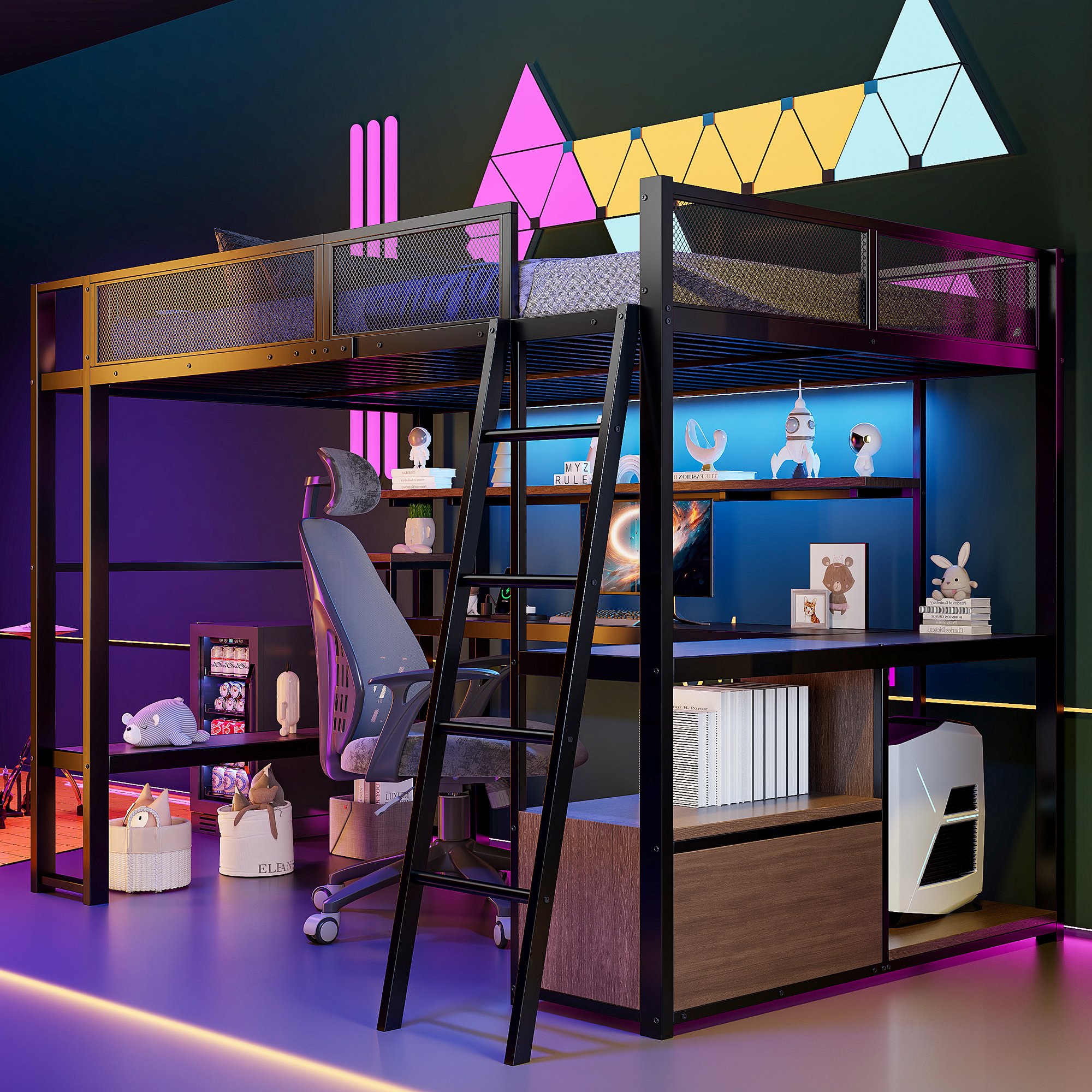 Lit mezzanine avec bureau intégré et LED, couchage 140x200, rangements inclus