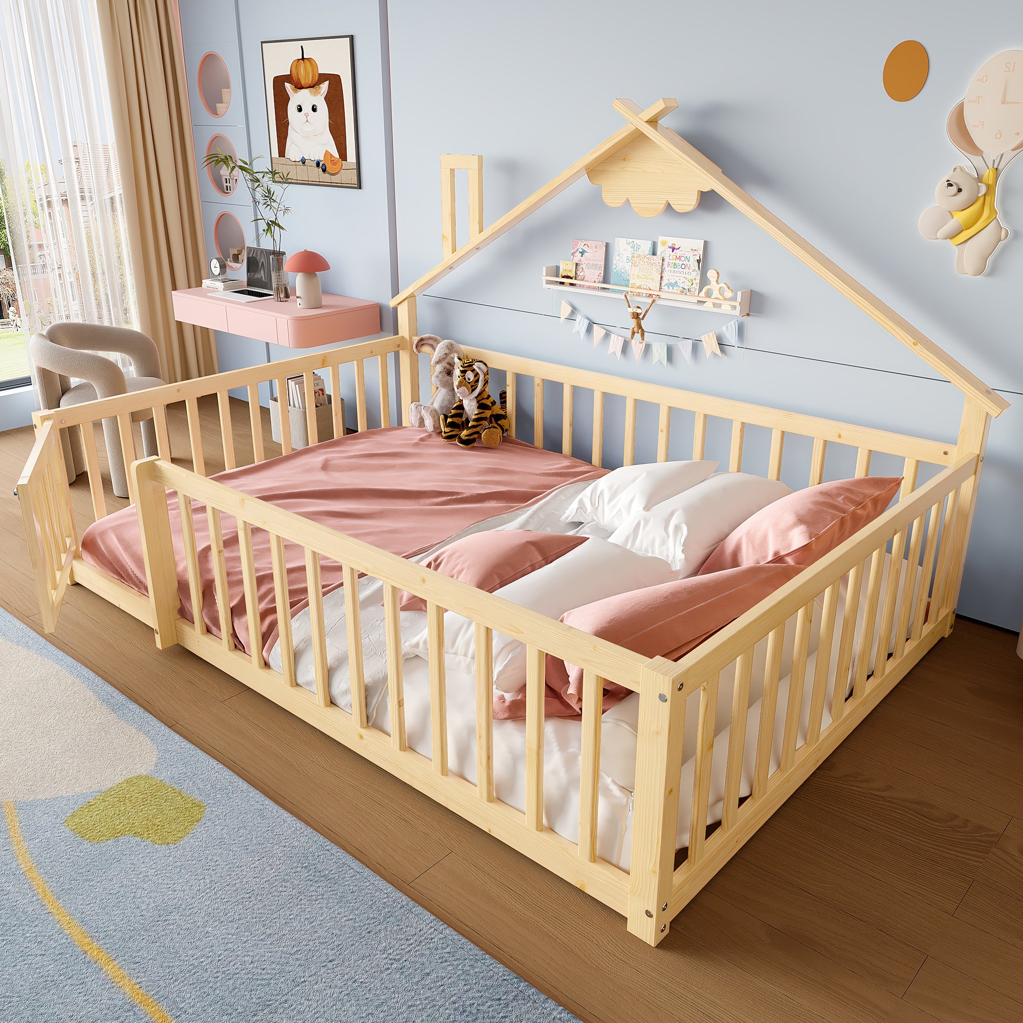 Lit enfant avec barrière de sécurité et serrure, design maison, 140x190 cm, en pin massif