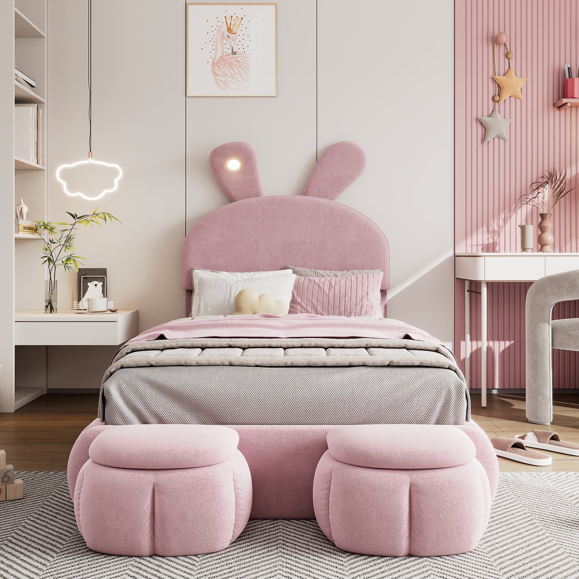 Lit enfant avec rangement et éclairage LED, 90x200, velours rose, avec deux tabourets de rangement
