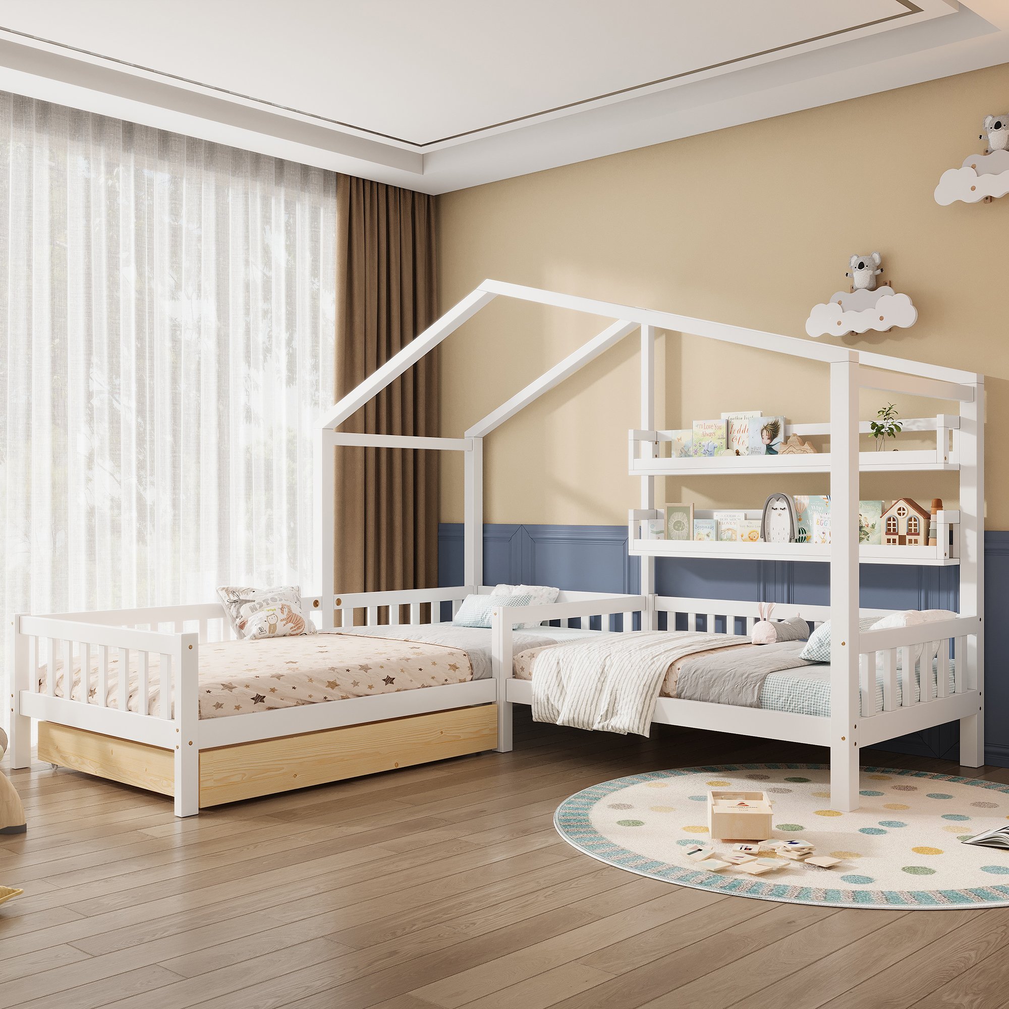 Lit cabane enfant 90x200 blanc en bois massif avec tiroirs et étagères