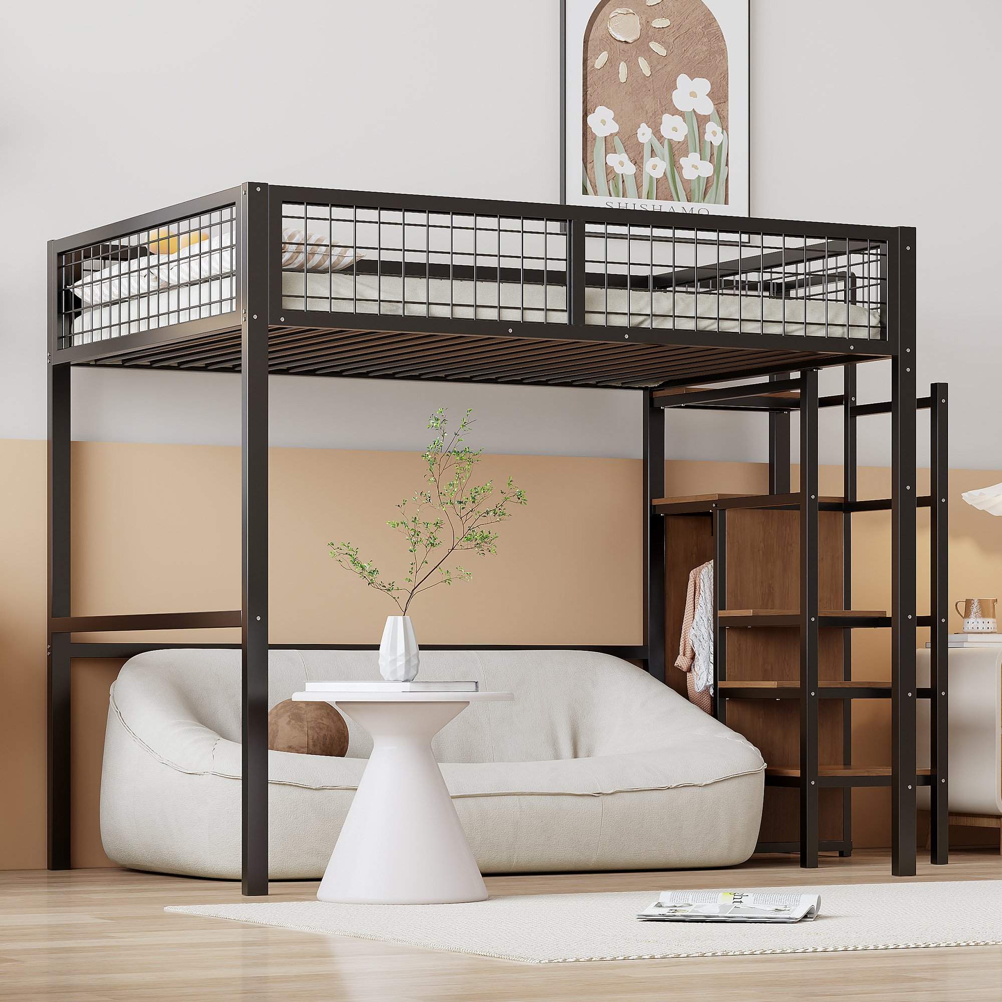 Lit mezzanine 140x200 avec rangement et échelle de sécurité, pour enfant, en métal