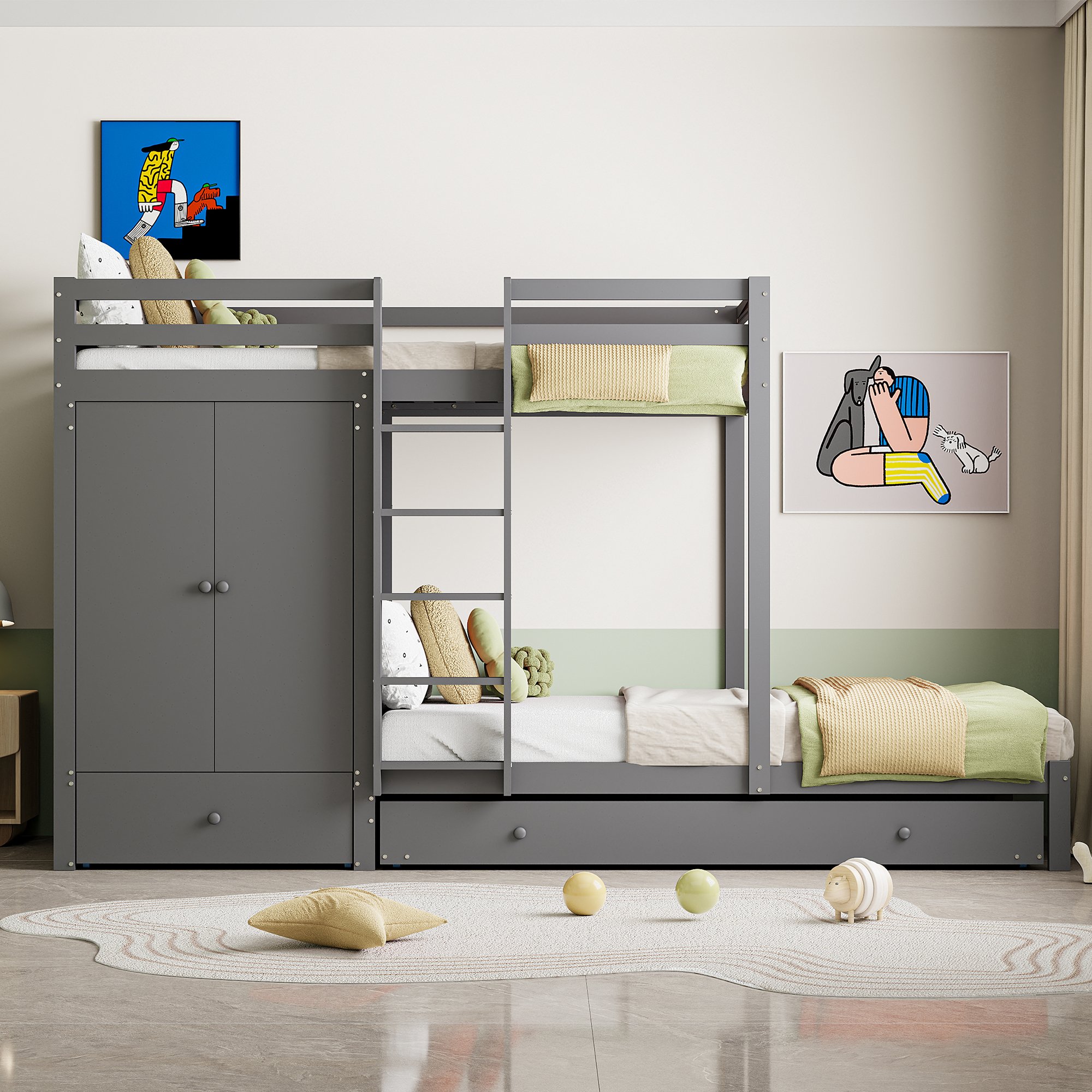 Lit superposé 90x200 cm avec lit escamotable, armoire et tiroirs, gris, bois massif