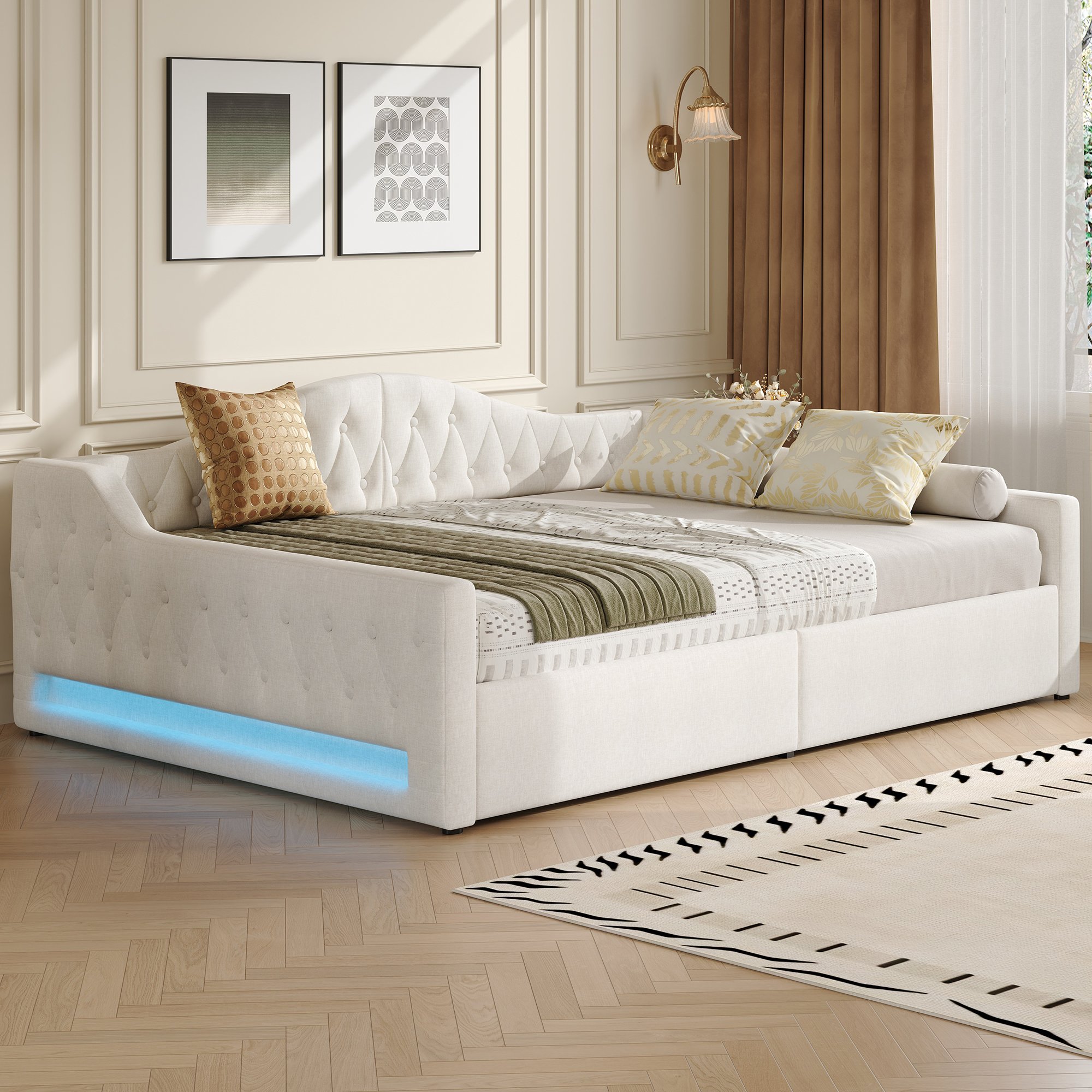Lit coffre double 140x200 cm avec rangement, LED, sommier à lattes, beige, rembourré