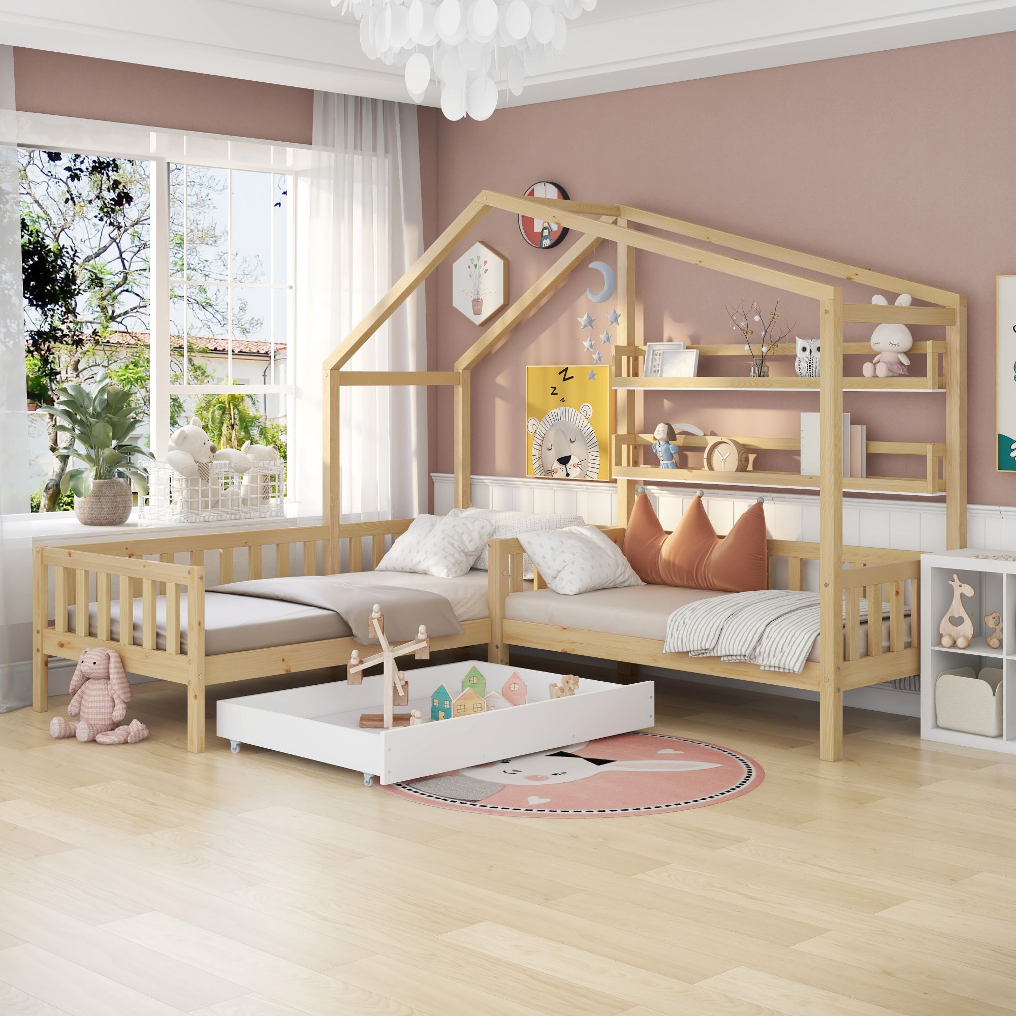 Lit cabane enfant avec rangements, tiroirs et étagères, 2 couchages 90x200 et 140x70, naturel