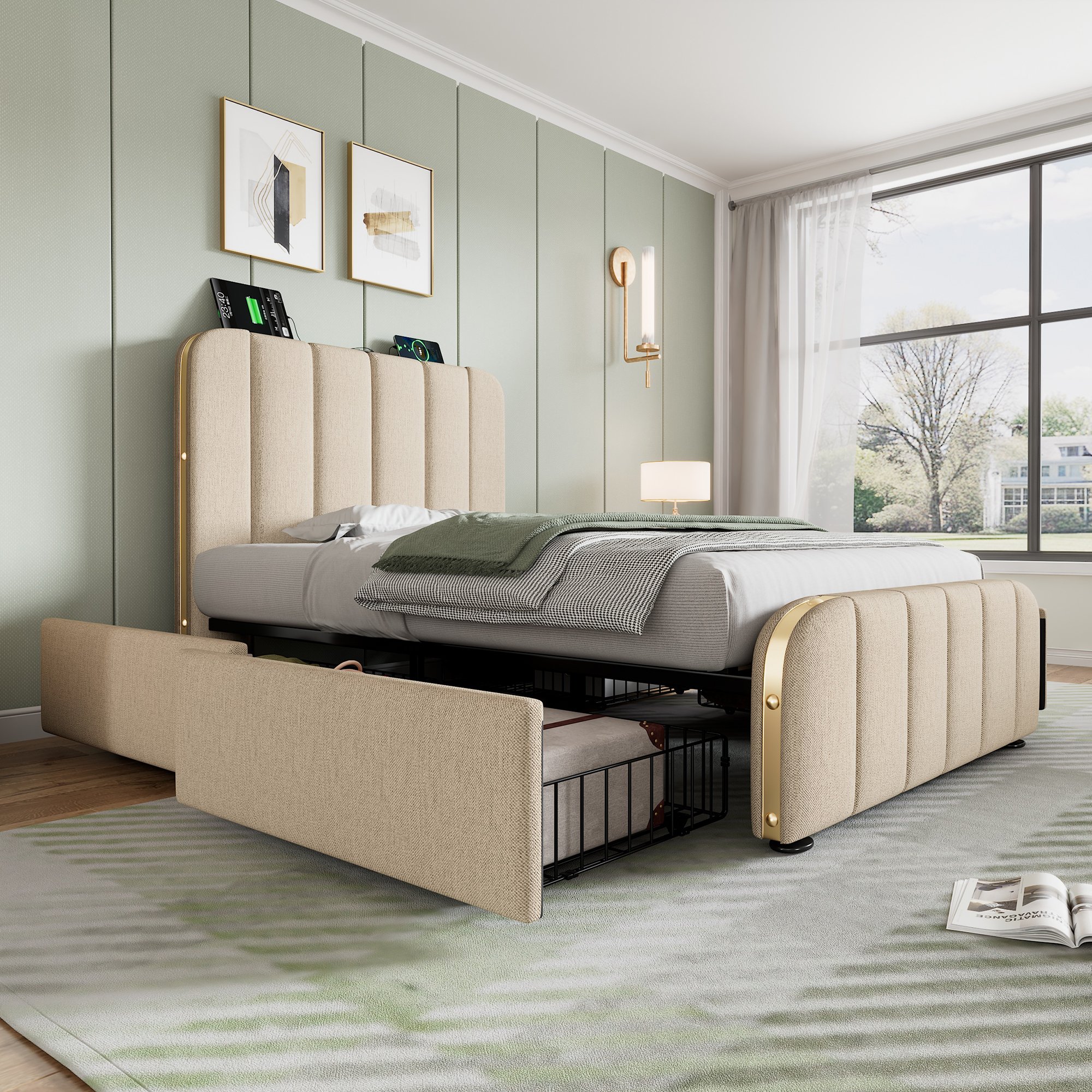 lit coffre 90x200 beige en tissu lin avec 4 tiroirs, sommier à lattes, ports USB Type-C et tête de lit rembourrée