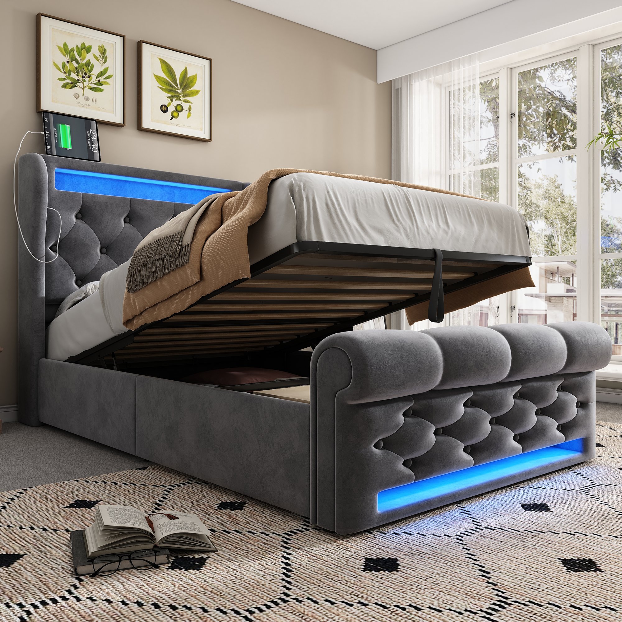 Lit coffre 90x200 cm, structure renforcée capacité 150 kg, revêtement velours gris capitonné avec LED intégrée