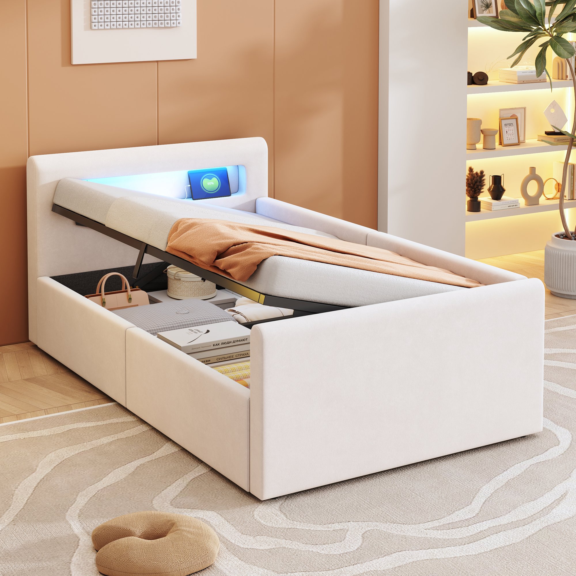 Lit coffre 90x200 en velours beige, structure métal et Panneau composite de fibres de bois à densité, avec rangement hydraulique