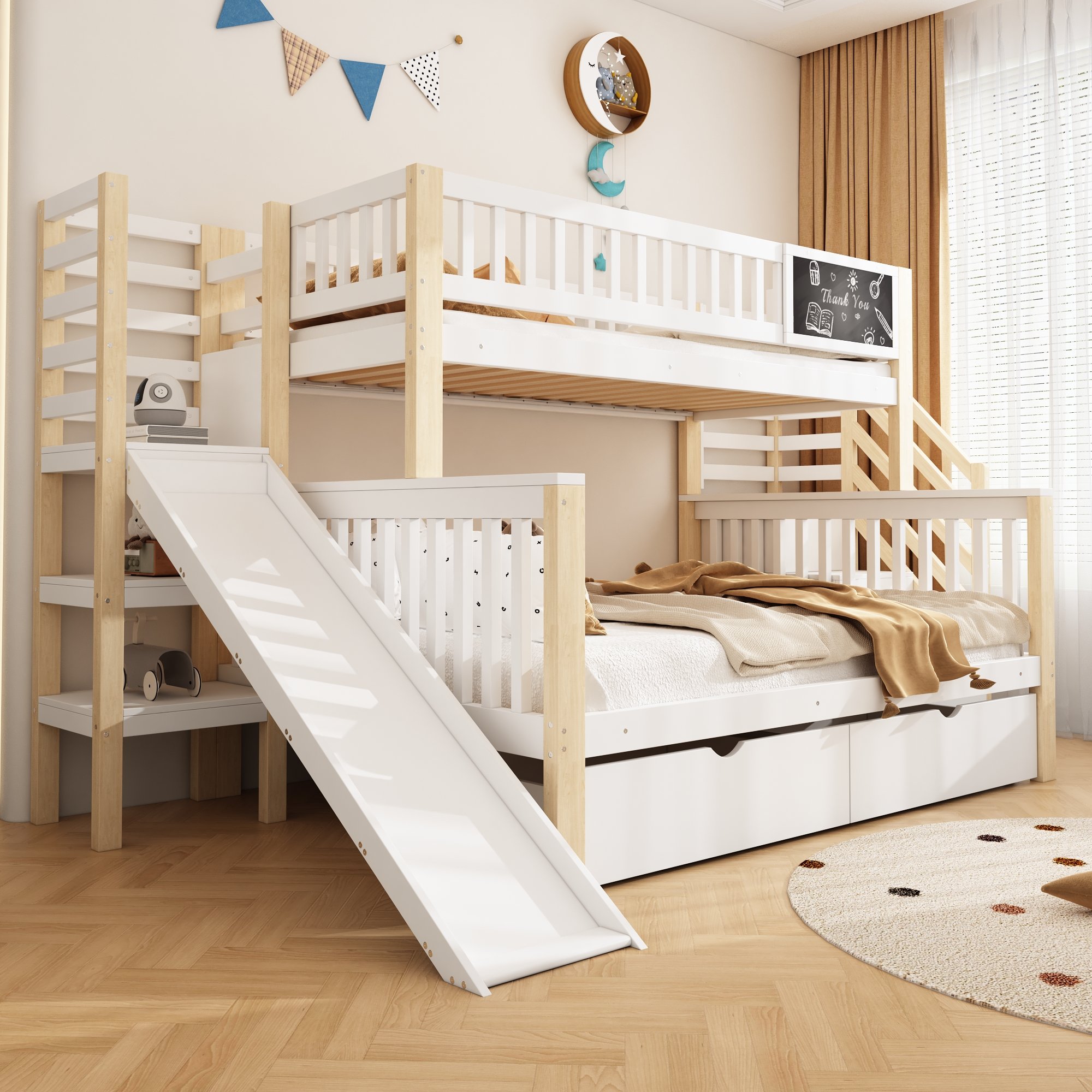 Lit cabane enfant avec toboggan, tableau et rangements intégrés, 2 couchages 90x200 et 140x200