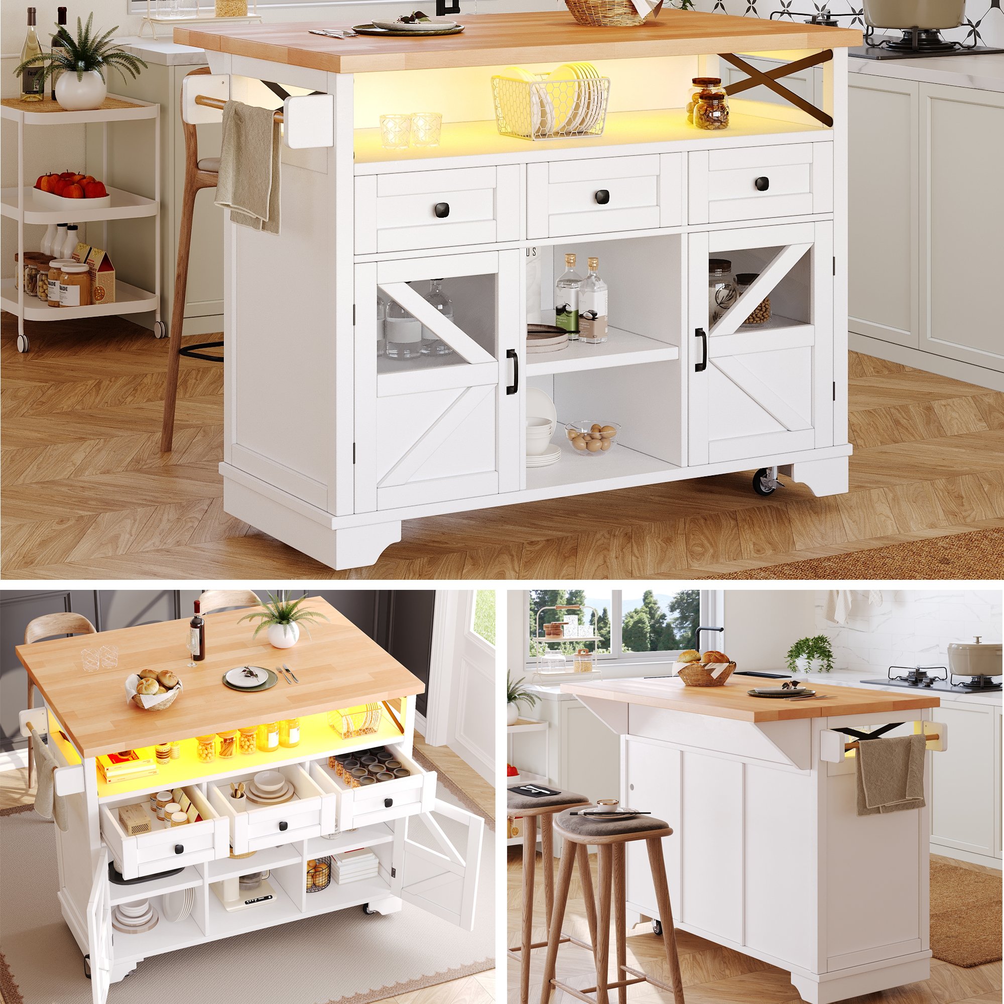 Îlot de cuisine blanc avec rangement, éclairage LED et table rabattable, roulant, 120x71x98 cm, Panneau composite de fibres de bois à densité et métal