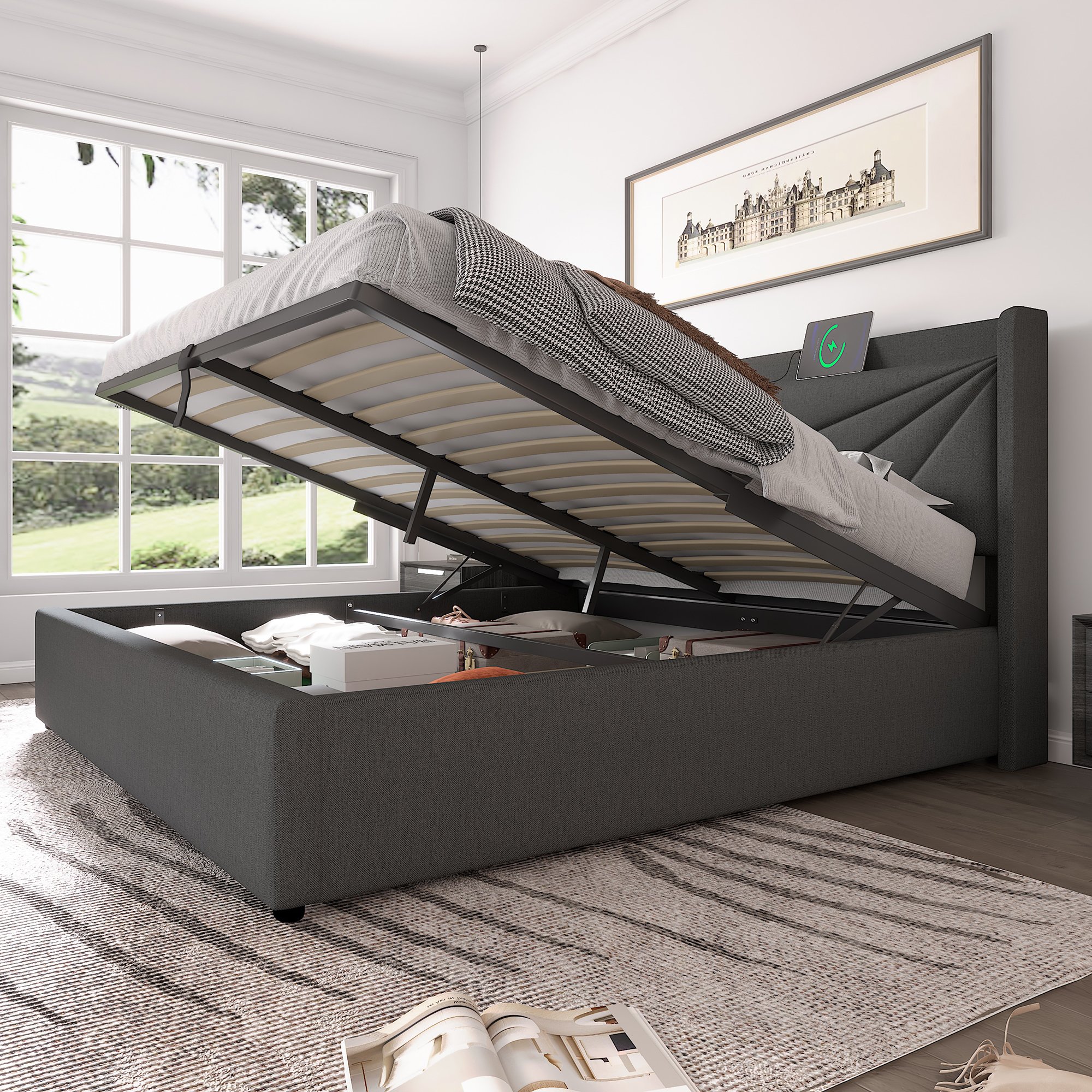 lit coffre double 140x200 gris, lit avec rangement sous le couchage et tête de lit rembourrée USB Type-C, sans matelas