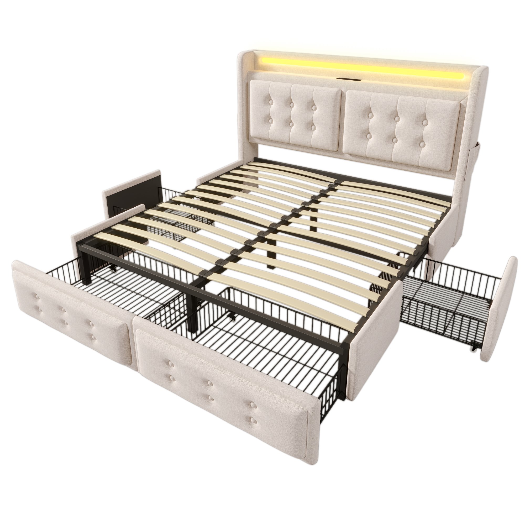 lit coffre 180x200 avec LED RGB, USB Type-C et 4 tiroirs, lit double rembourré beige avec sommier à lattes bois métal