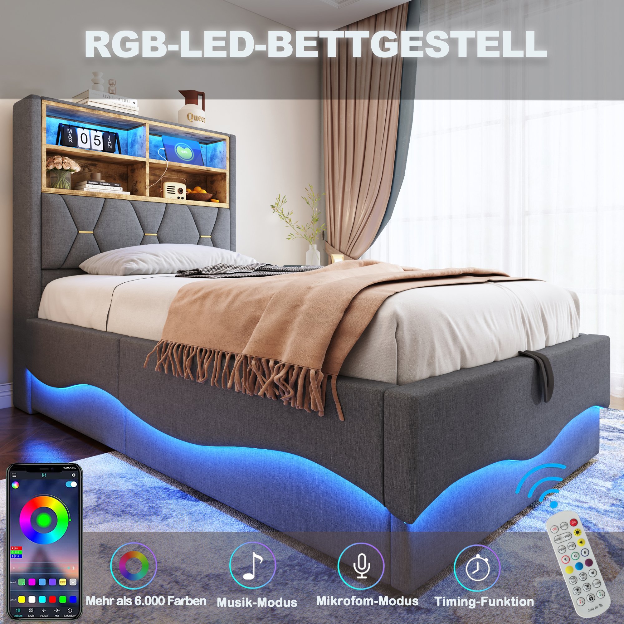 Lit coffre 90x200 cm en lin gris avec rangement hydraulique, LED et USB