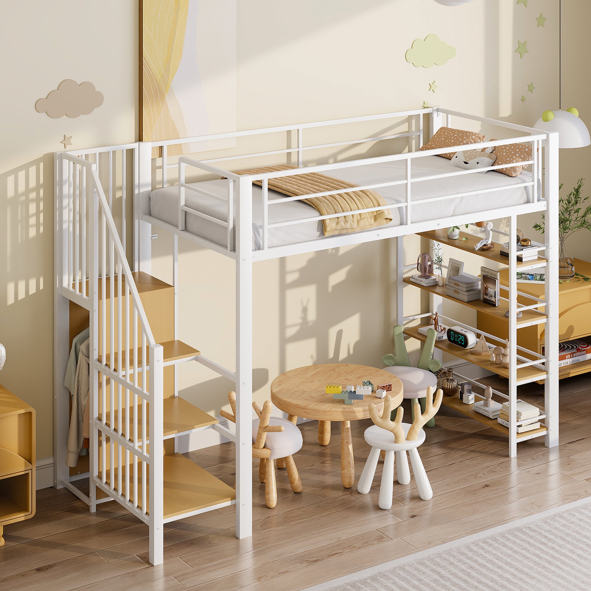 Lit mezzanine 90x200 avec échelle et rangement, blanc, en métal, pour enfant