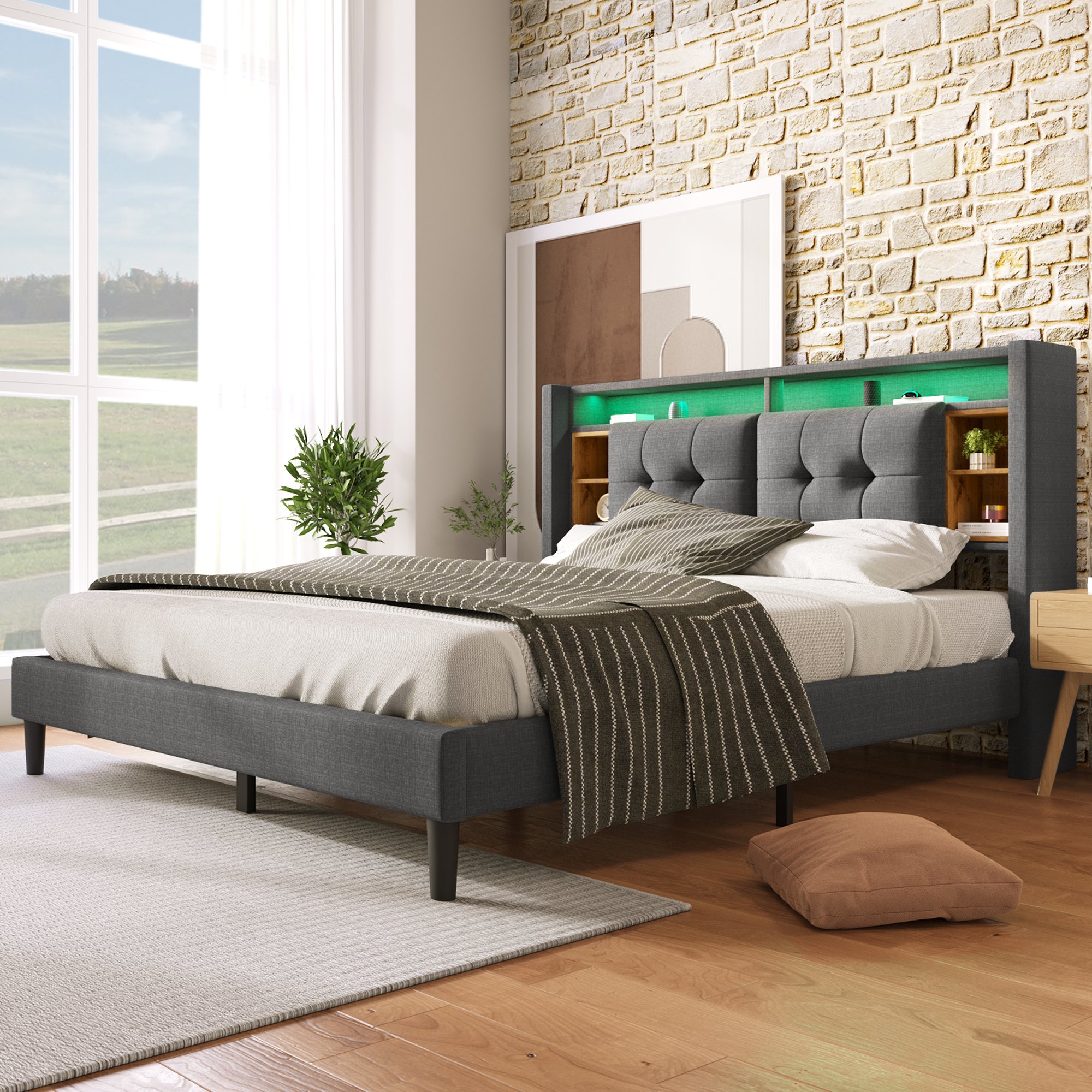 lit coffre 140x200 pour deux personnes, tête de lit avec six compartiments externes et espace de stockage central