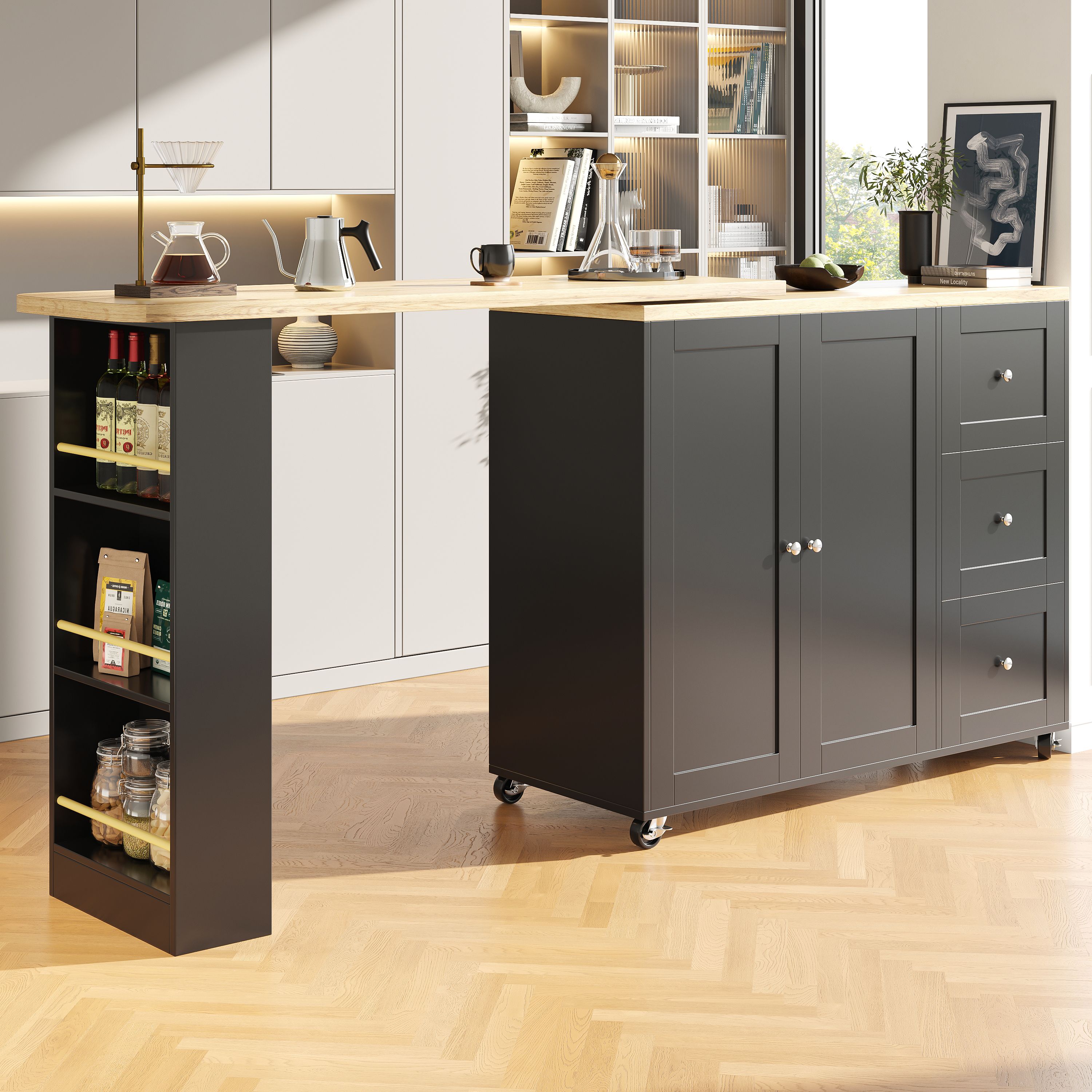 Îlot de cuisine noir sur roulettes avec rangement, extensible 360°, 3 tiroirs et étagère à snacks, 135-203 x 39 x 106 cm