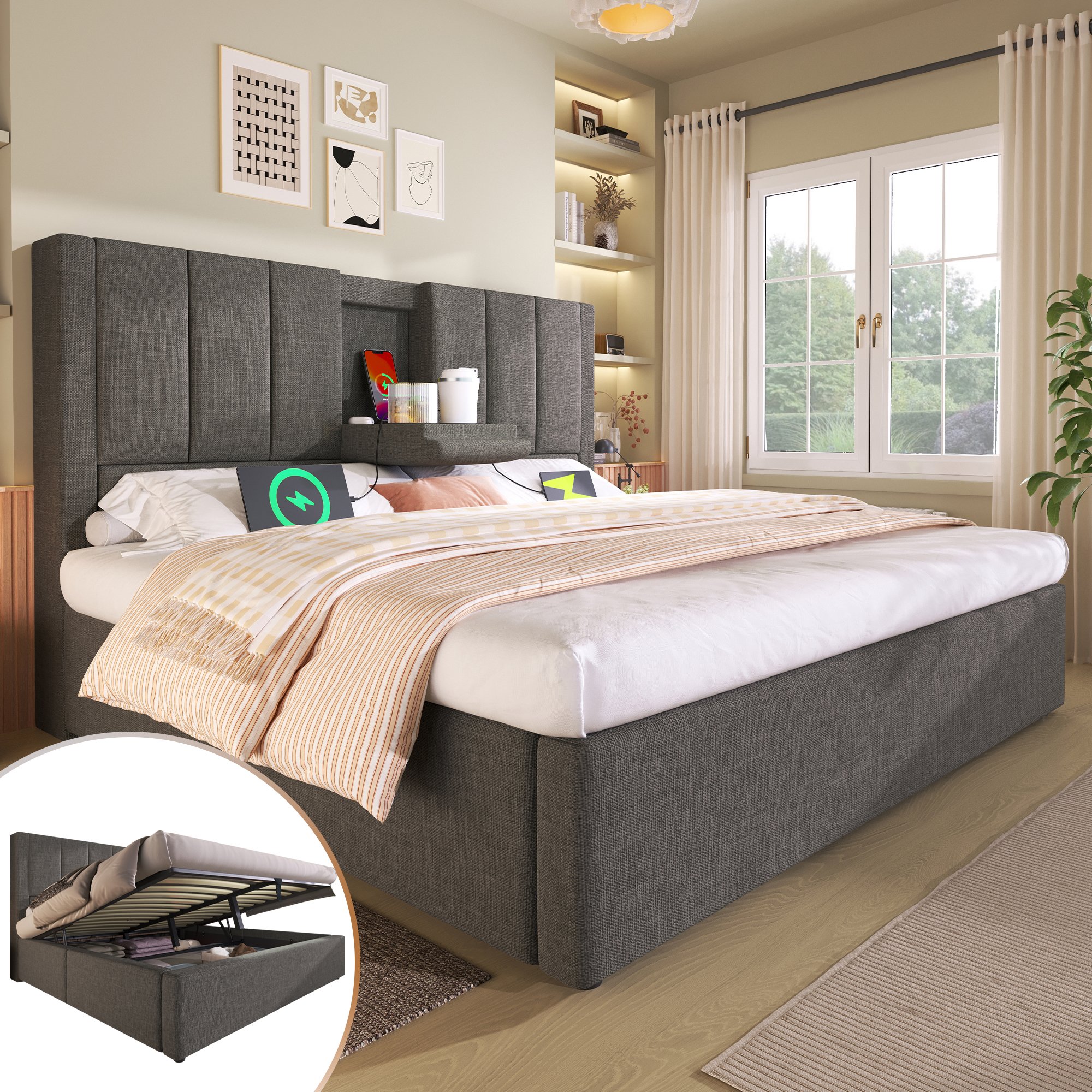 lit coffre 140x200 avec station de charge USB et Type-C, porte-gobelets caché, rangement hydraulique facile