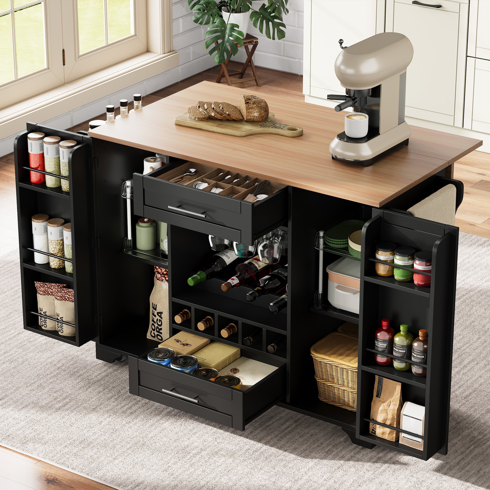 Îlot de cuisine 138x45/70x92 cm en Panneau composite de fibres de bois à densité, noir et bois, avec plan de travail rabattable, rangements, roulettes et porte-serviettes