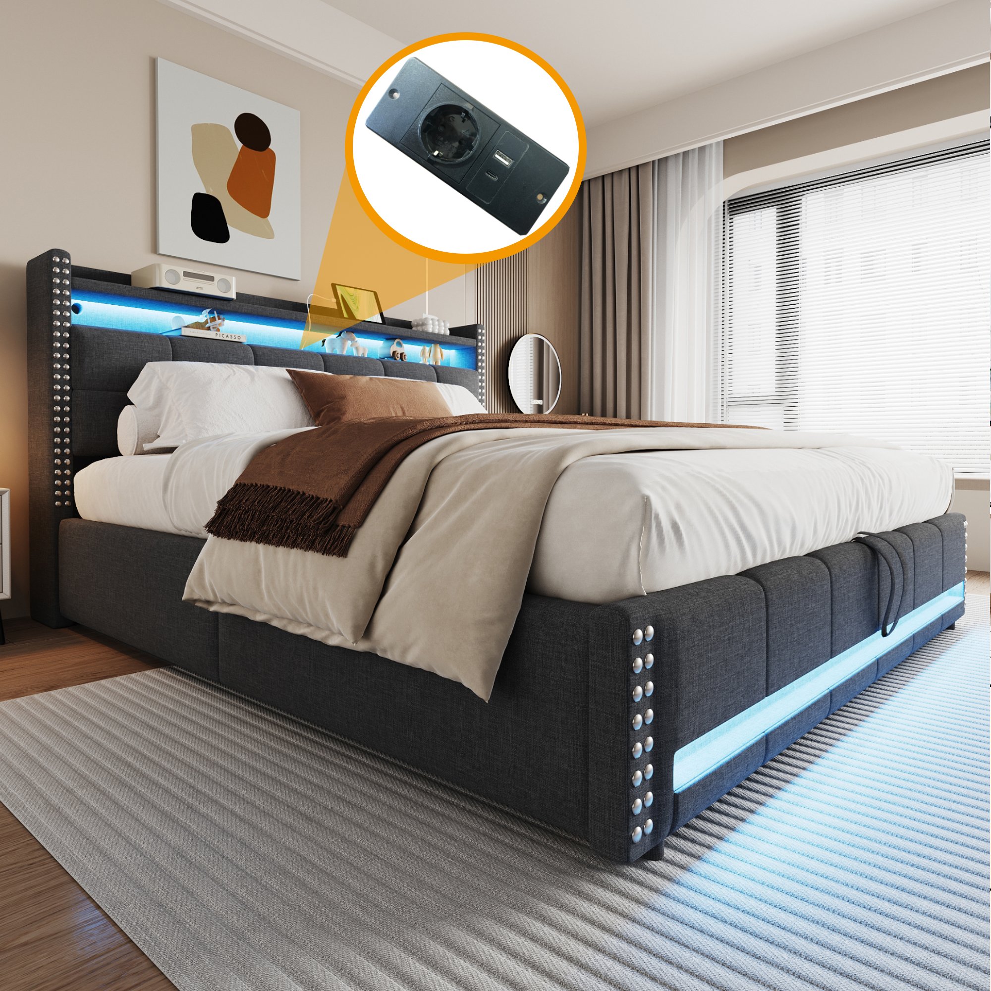 Lit coffre 180x200 en lin gris avec LED, USB et rangement hydraulique