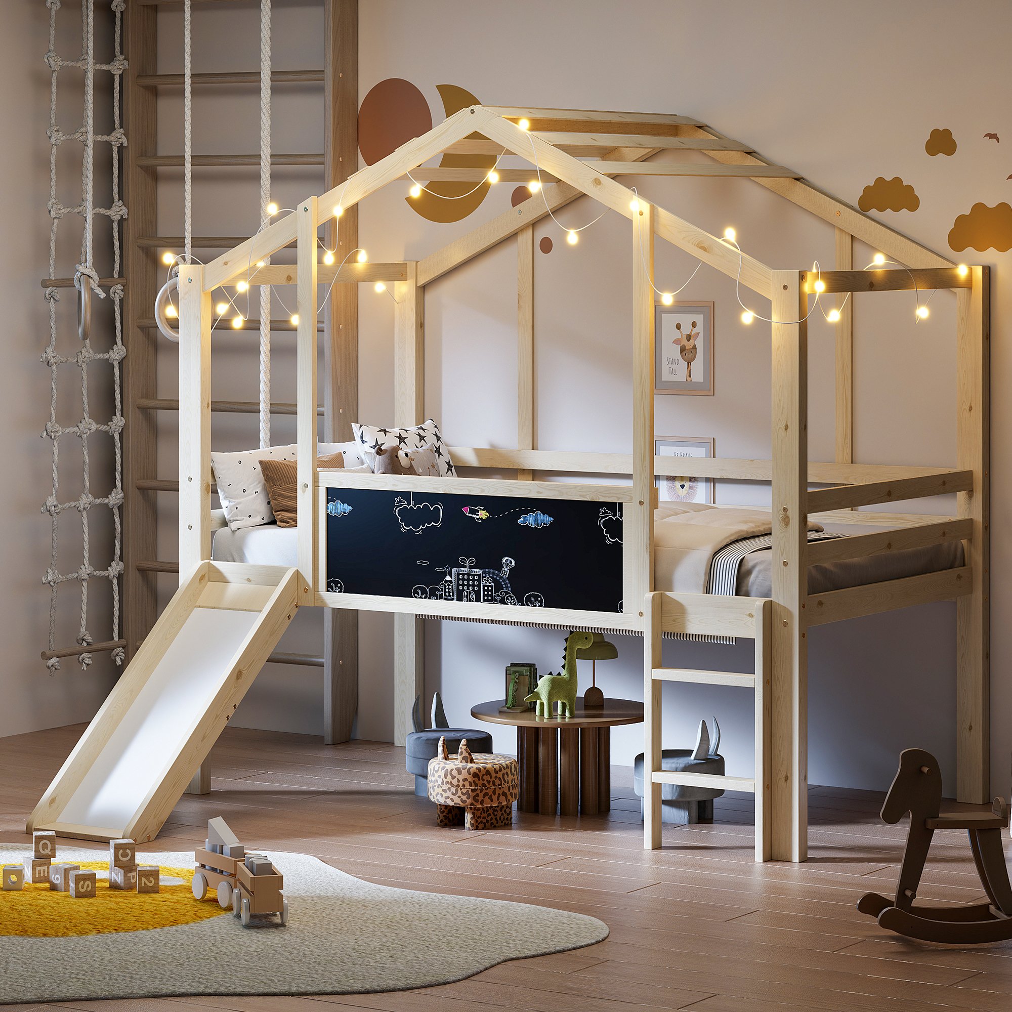 Lit mezzanine enfant 90x200 en bois massif avec toboggan, tableau ardoise et échelle