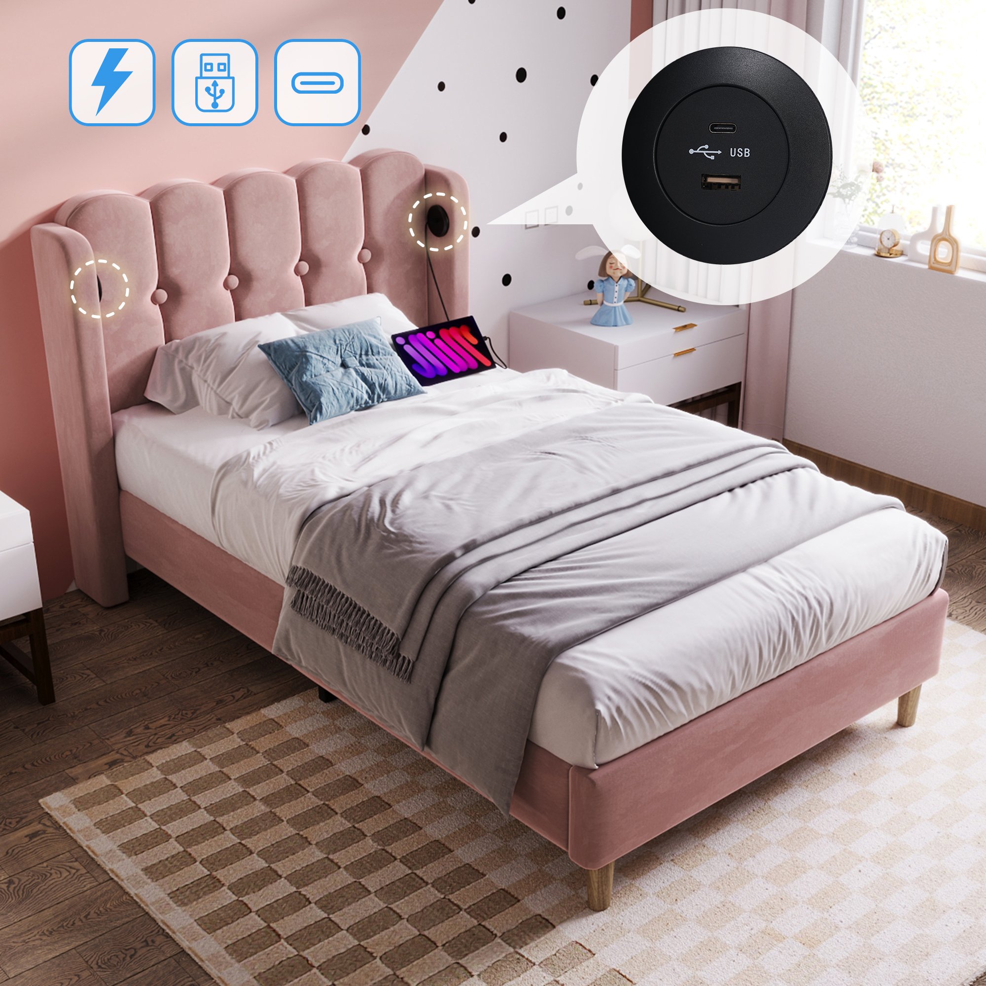 Lit rembourré 90x200 cm en velours rose avec sommier à lattes et ports USB Type-C, tête de lit capitonnée design pour chambre
