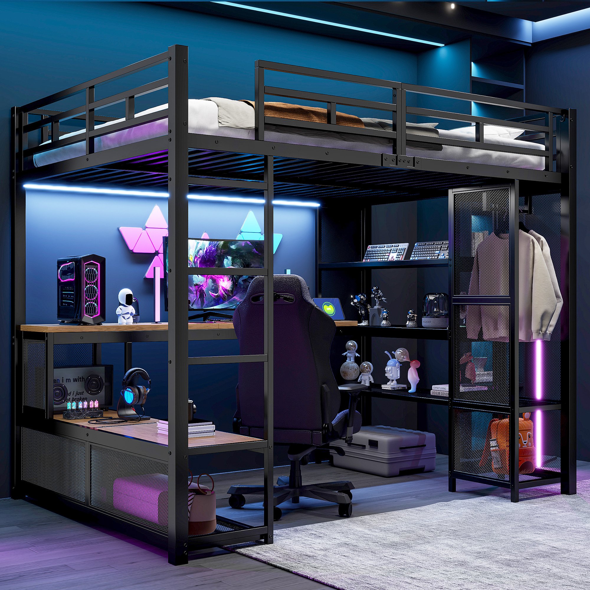 Lit mezzanine 140x200 cm avec bureau, rangements et LED, structure métallique